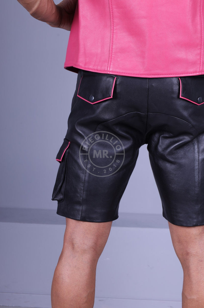 Black Leather Cargo Short - Pink Piping at MR. Riegillio