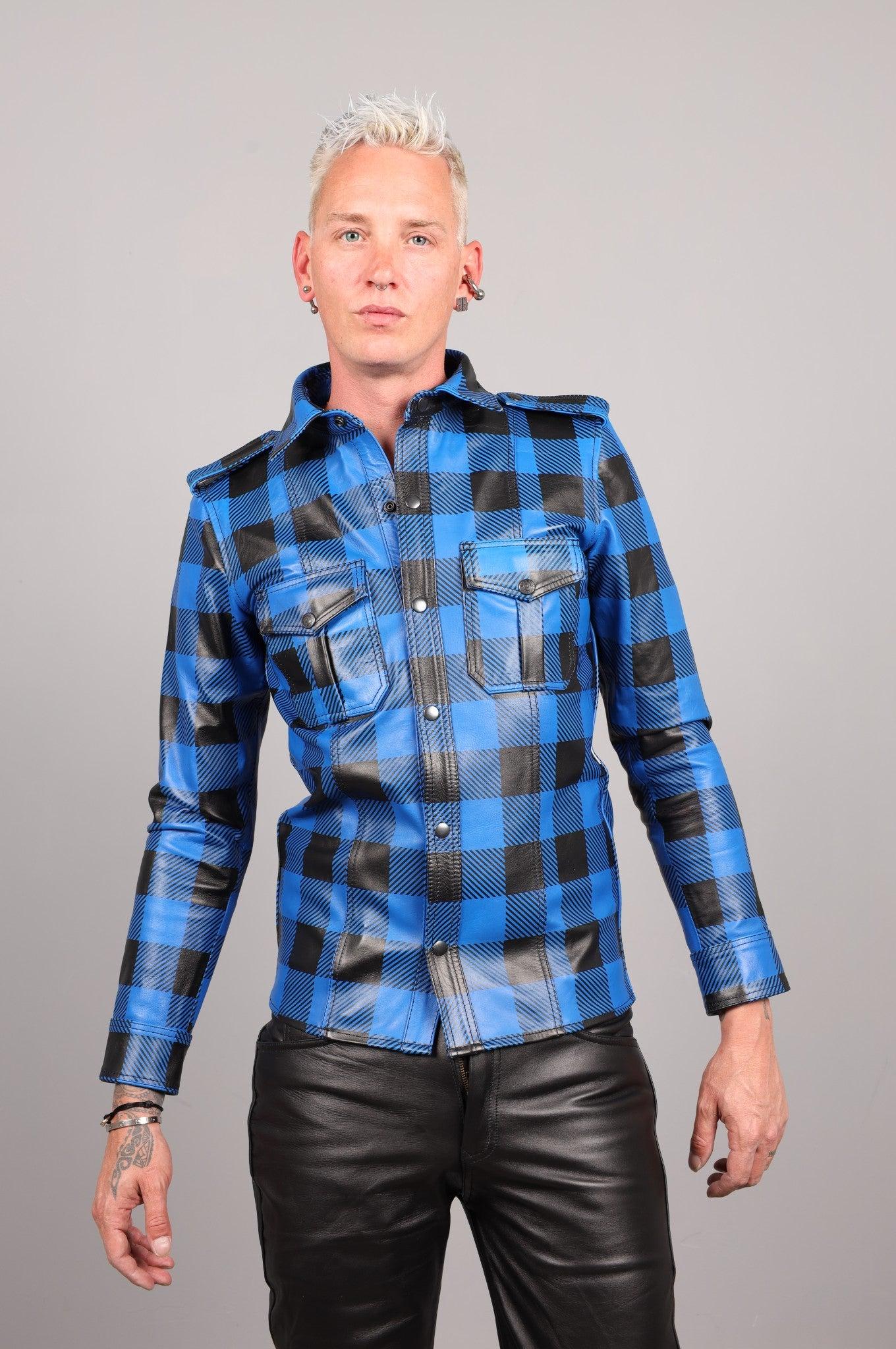 Blue Flannel Leather Long Sleeve Shirt at MR. Riegillio