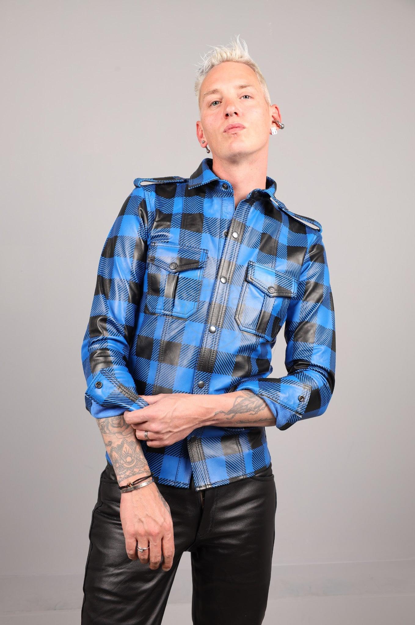 Blue Flannel Leather Long Sleeve Shirt at MR. Riegillio