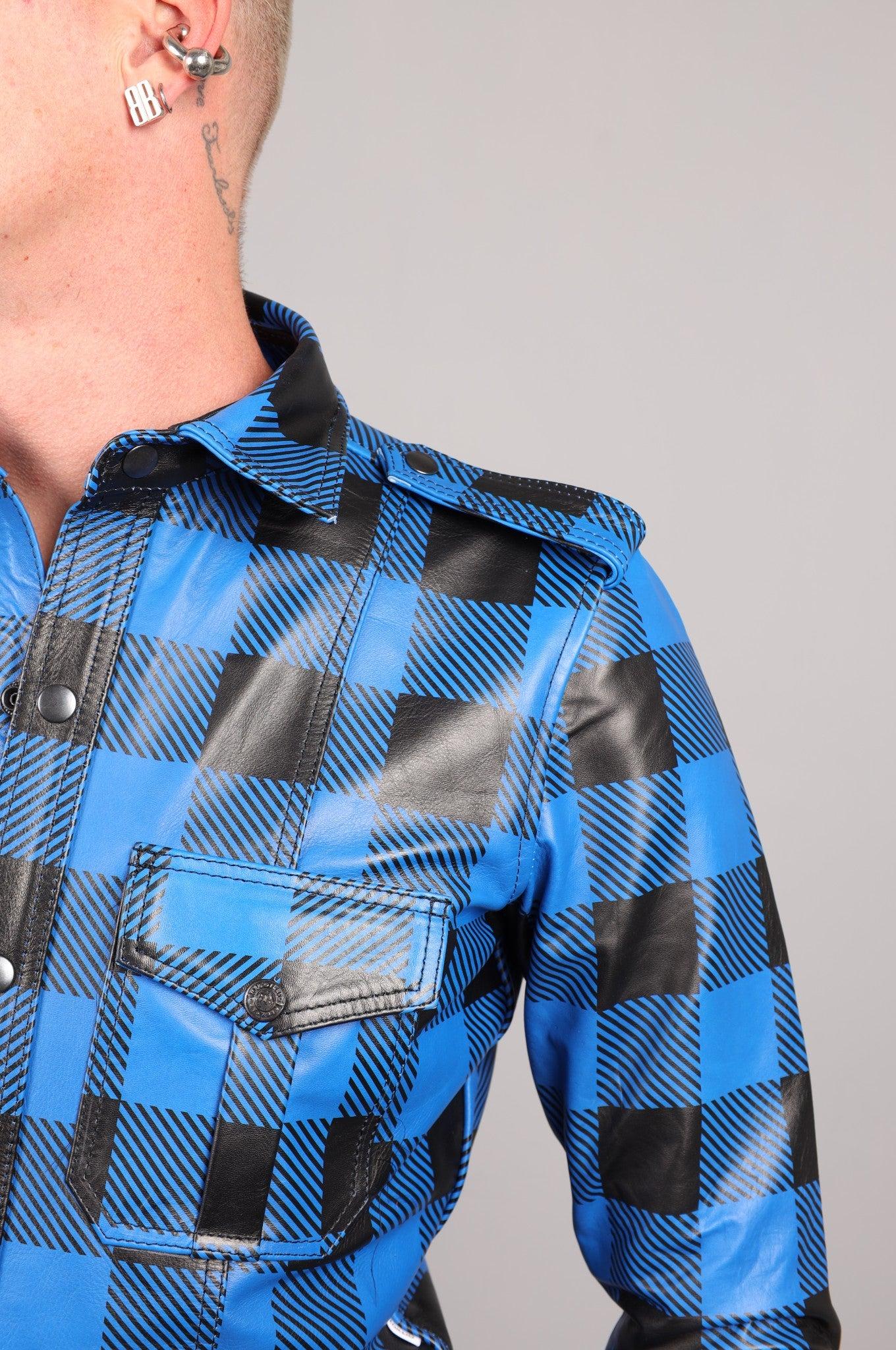 Blue Flannel Leather Long Sleeve Shirt at MR. Riegillio