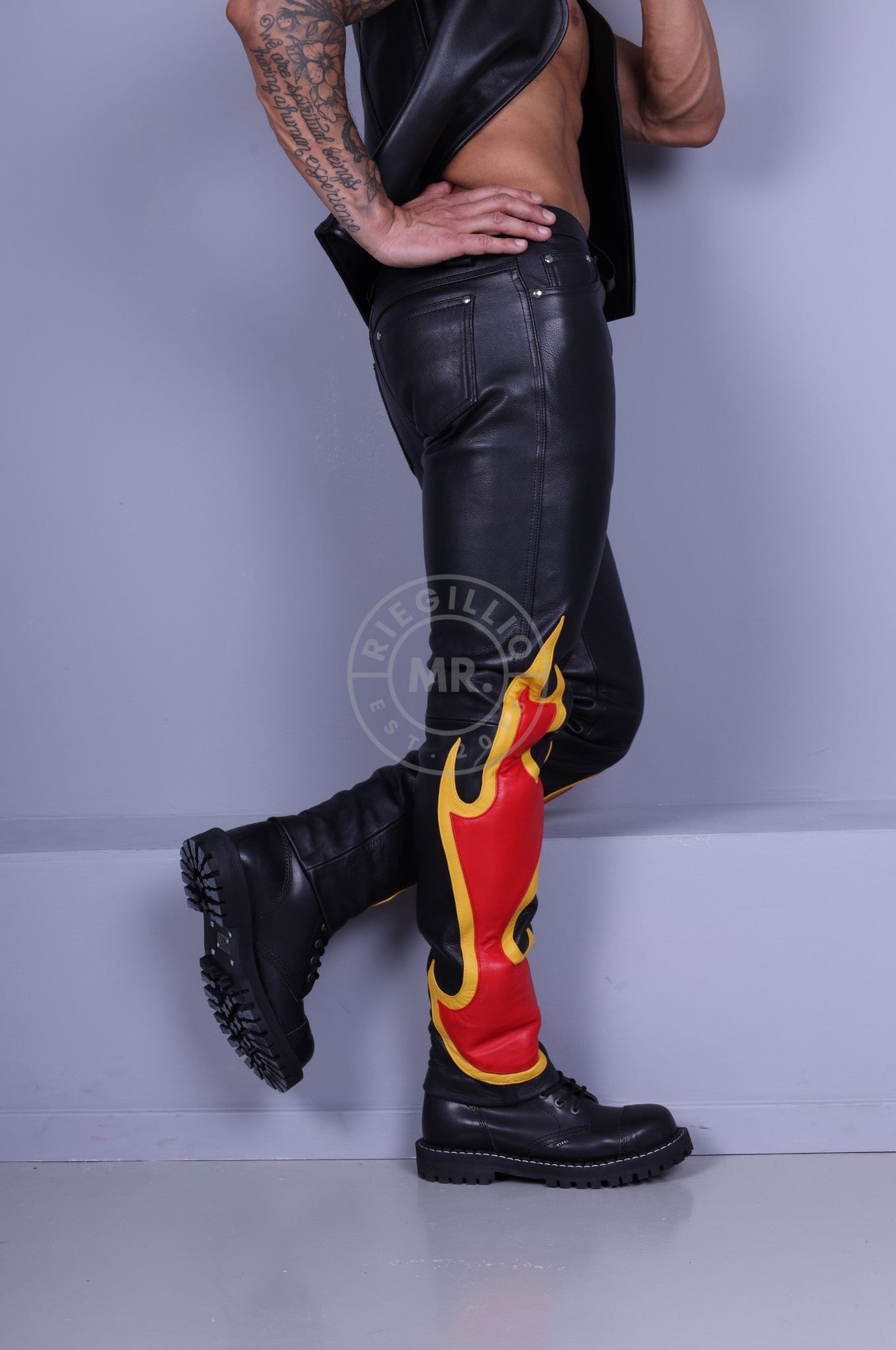 Flame Leather Pants-at MR. Riegillio