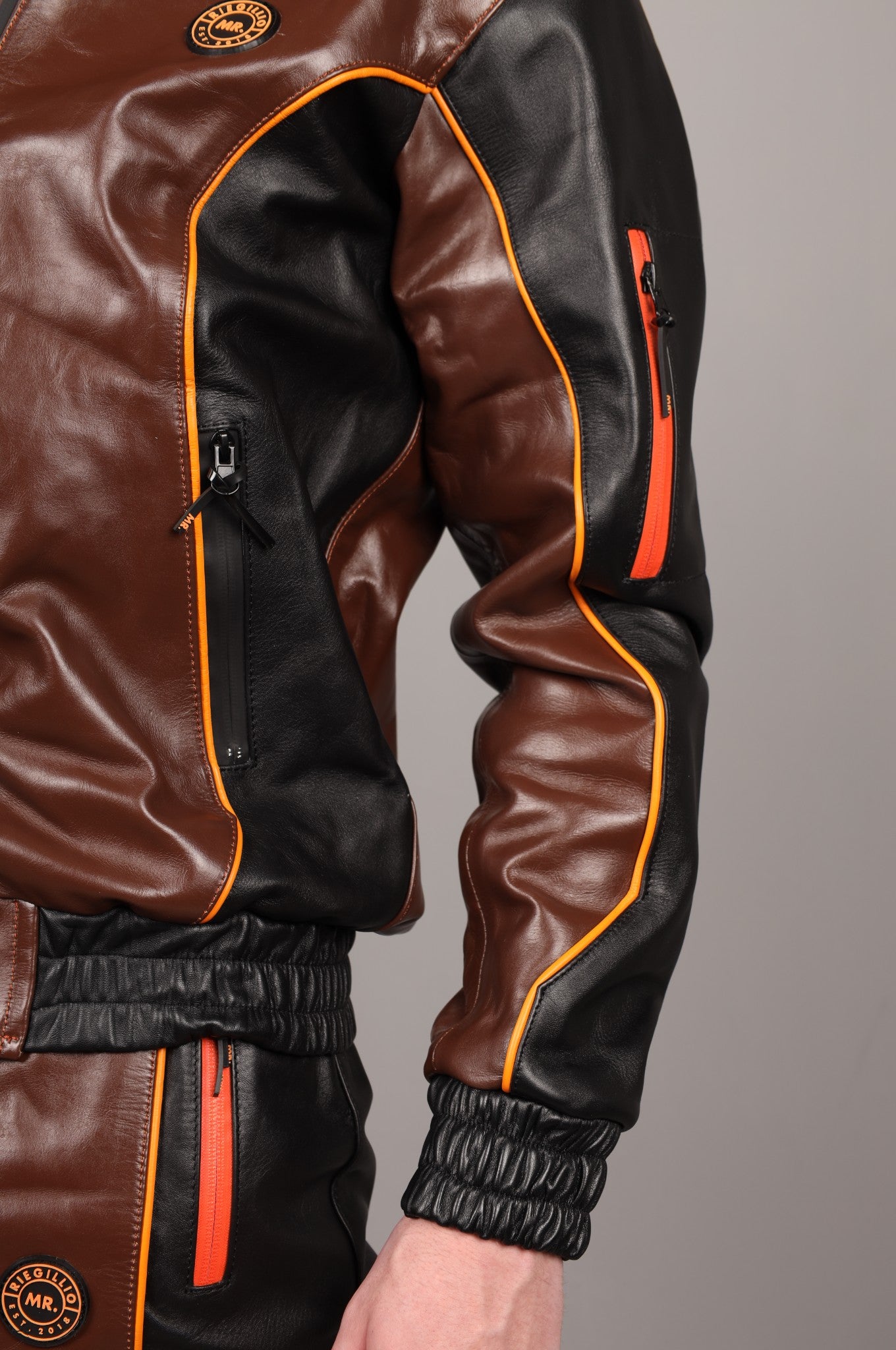 Leder-Trainingsanzugjacke – Braun/Schwarz