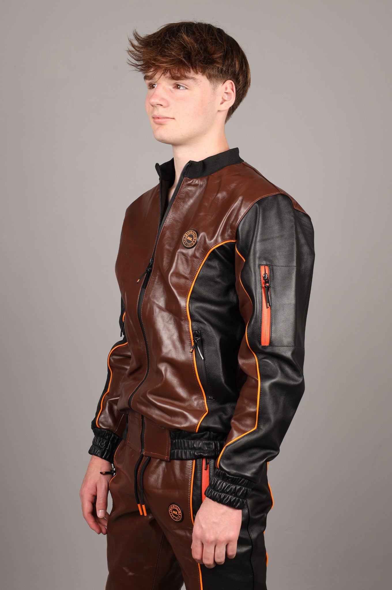 Leder-Trainingsanzugjacke – Braun/Schwarz