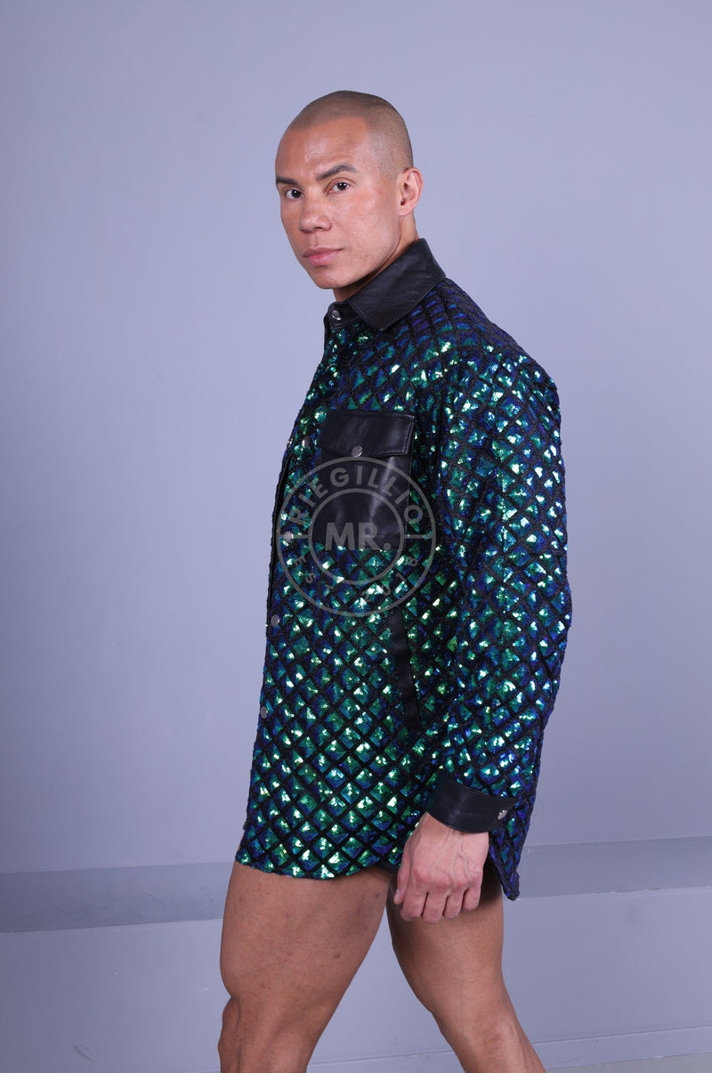 Square Sequin Long Sleeve Shirt Green at MR. Riegillio