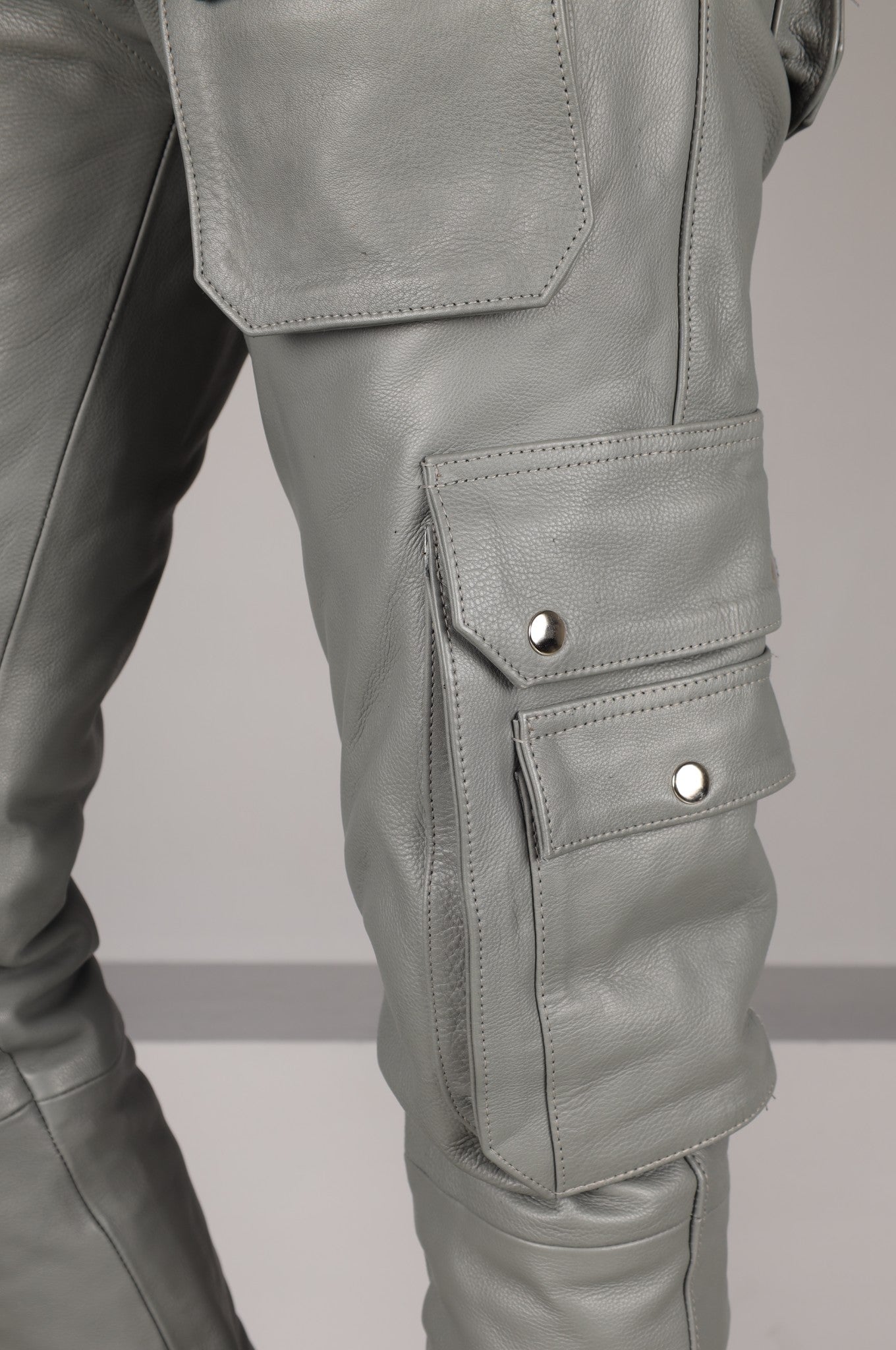 Slate Grey Leather Pants - Snap Pockets