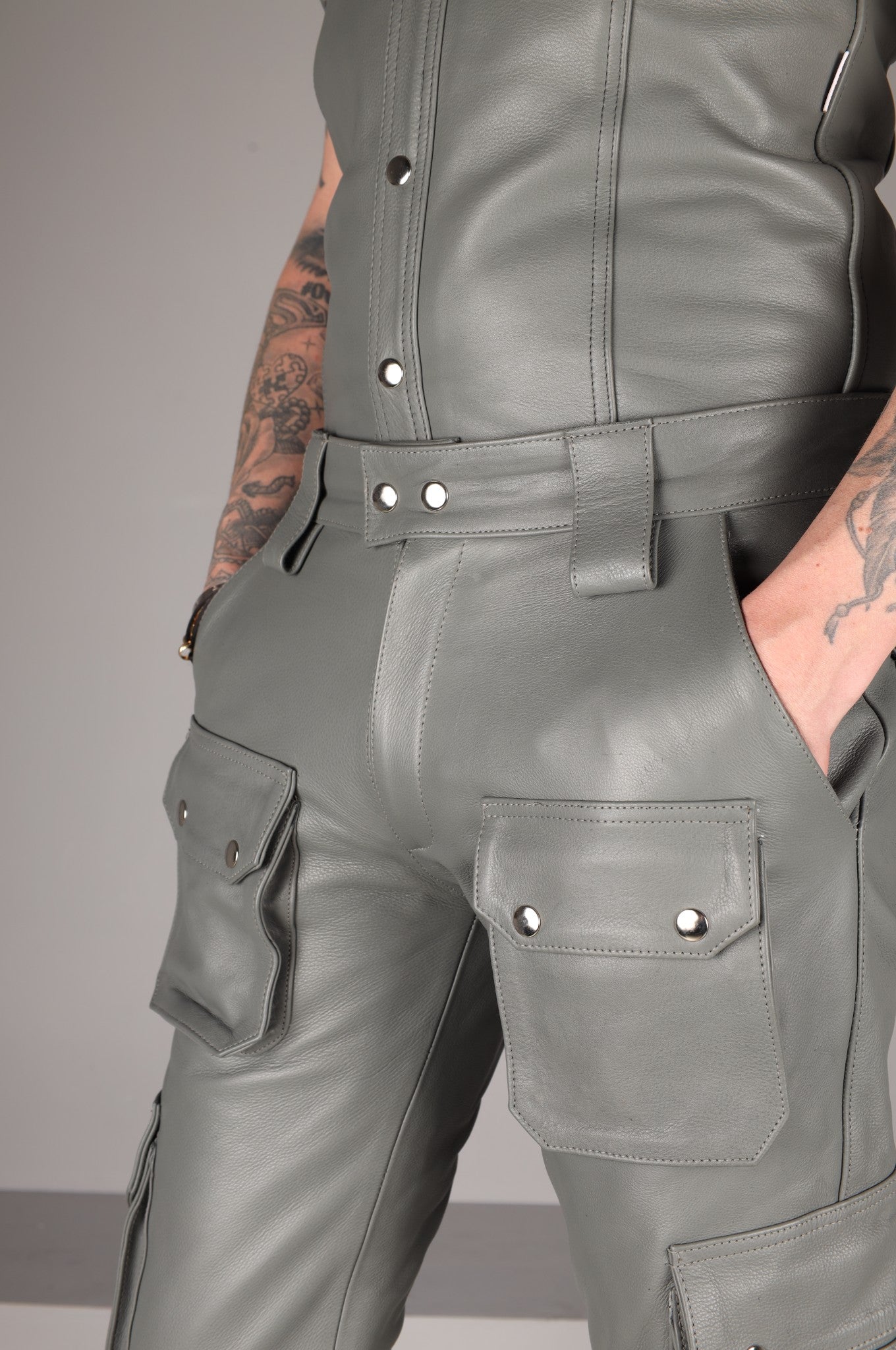 Slate Grey Leather Pants - Snap Pockets