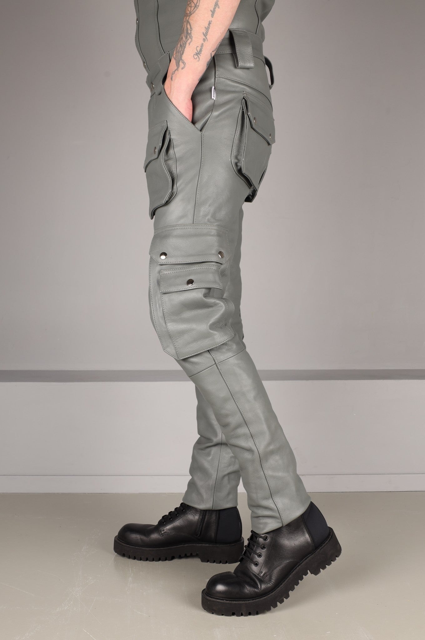 Slate Grey Leather Pants - Snap Pockets