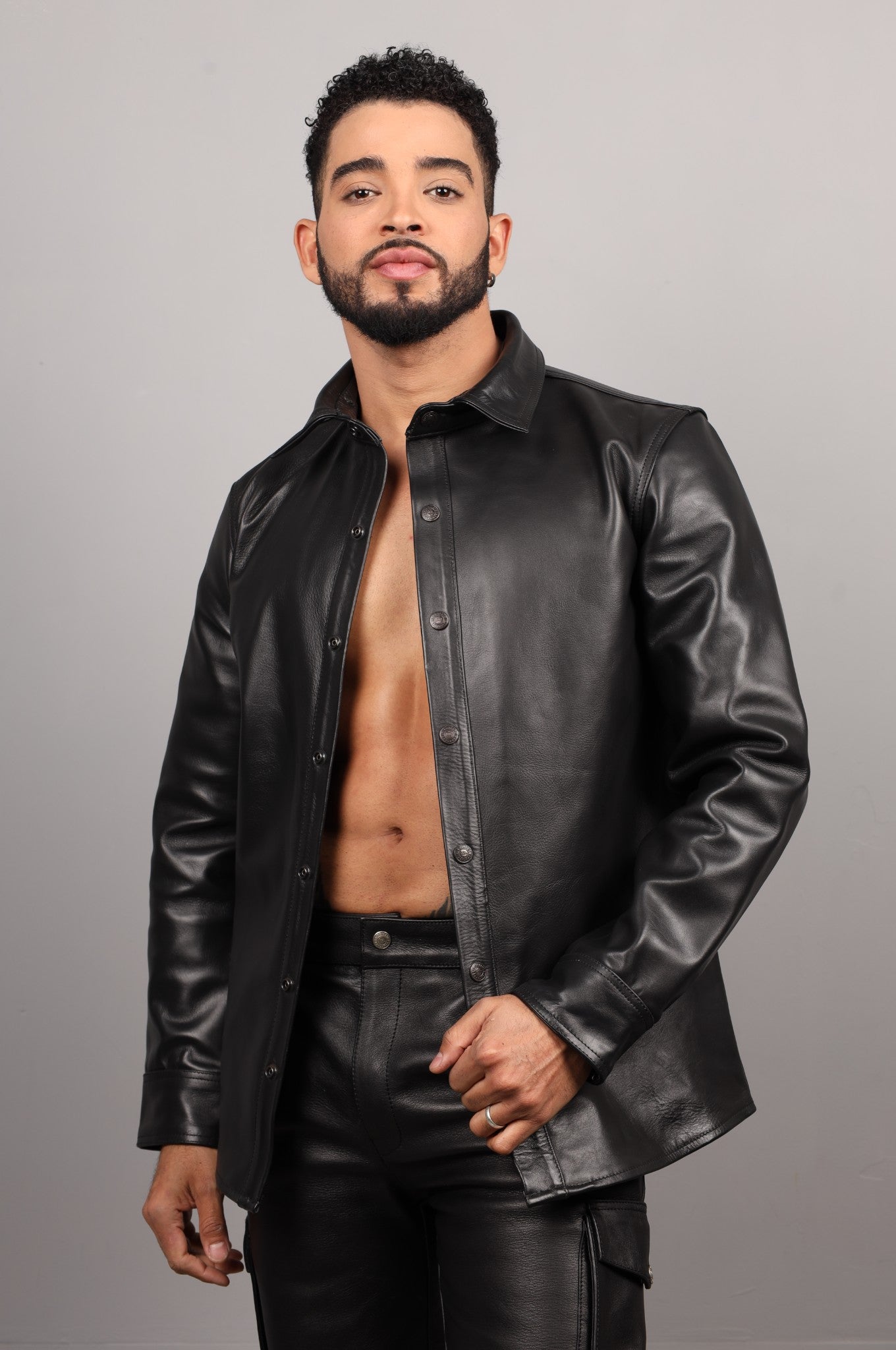 Black Straight Long Sleeve Leather Shirt