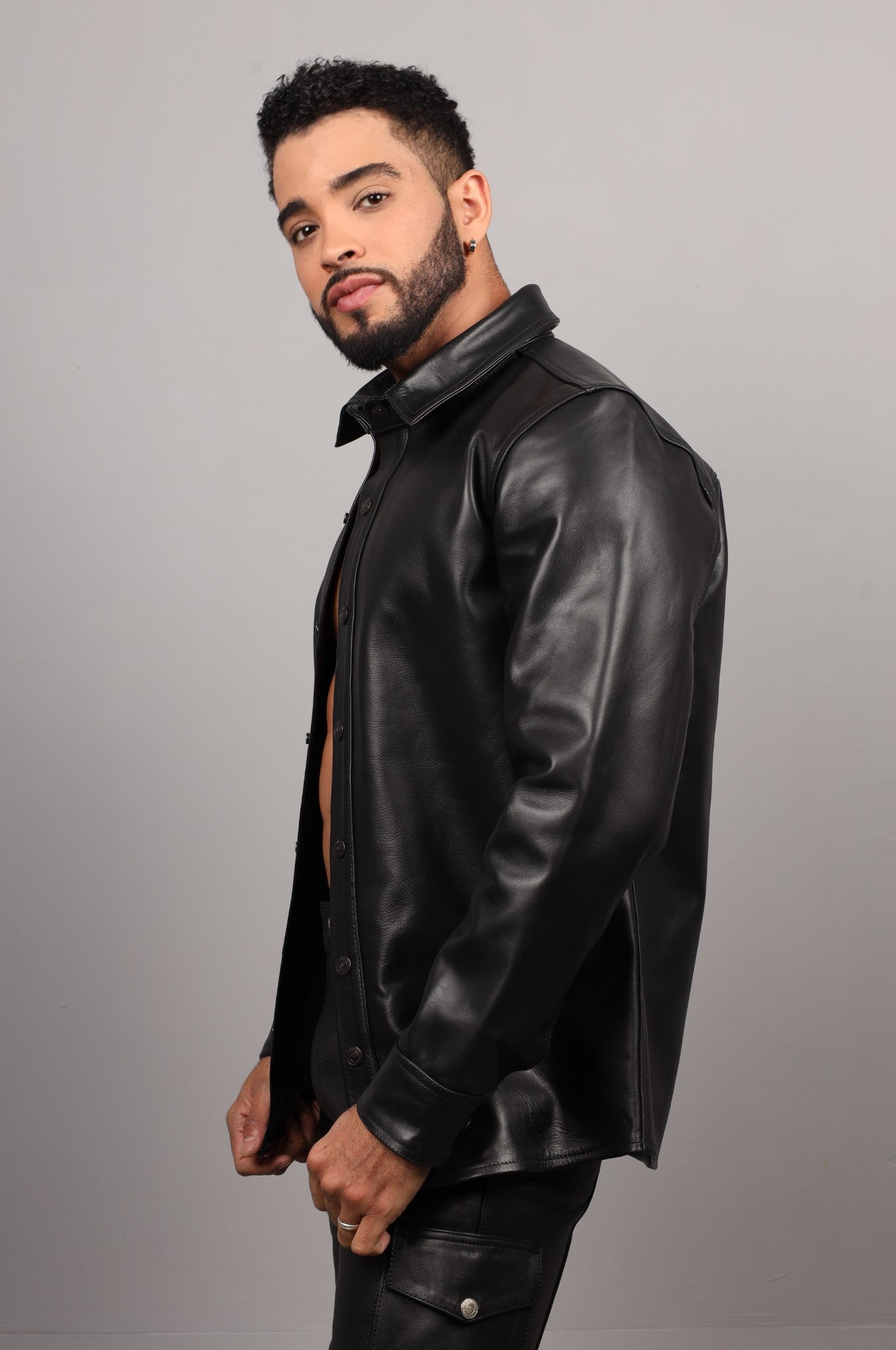 Black Straight Long Sleeve Leather Shirt