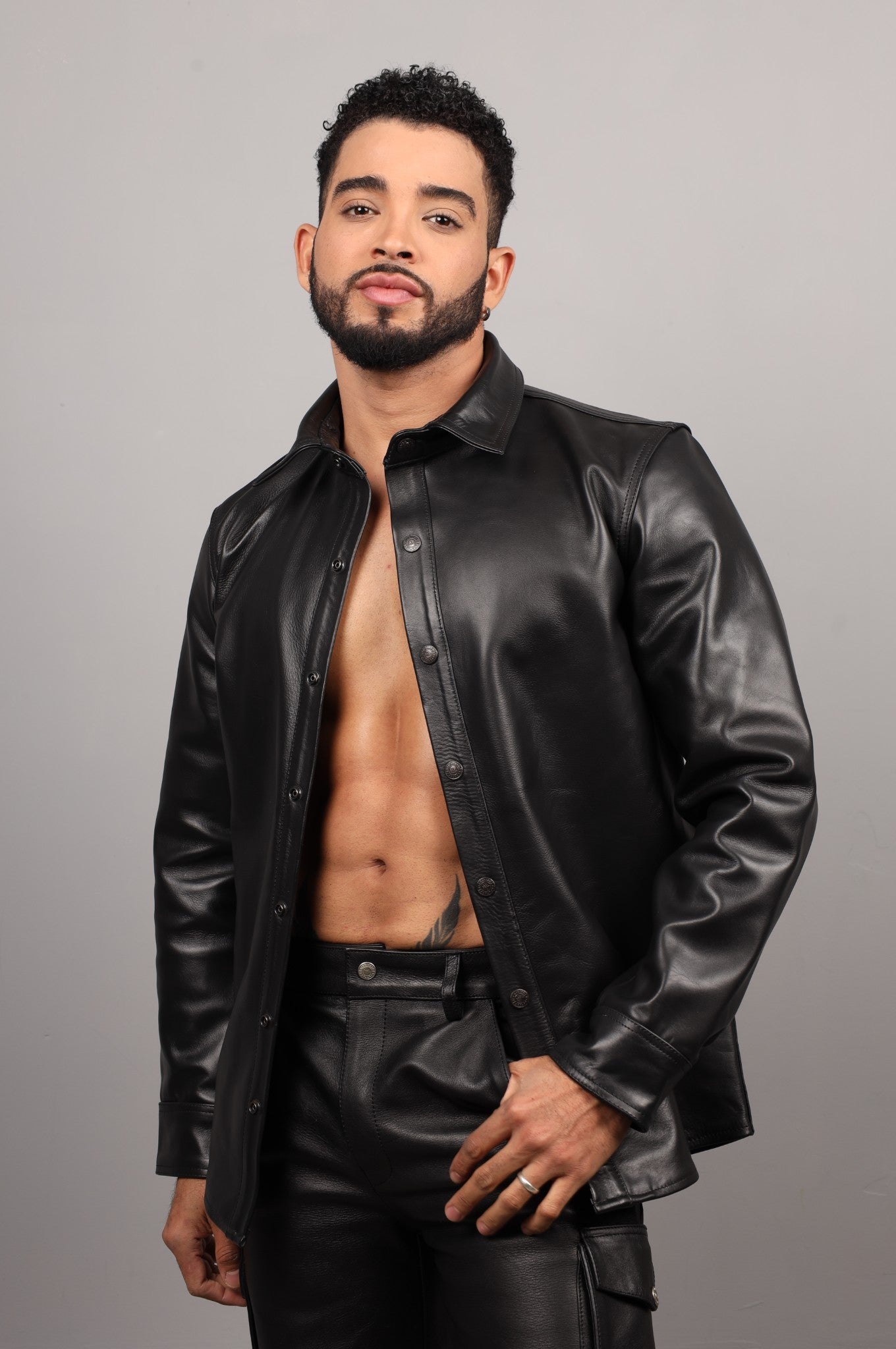 Black Straight Long Sleeve Leather Shirt