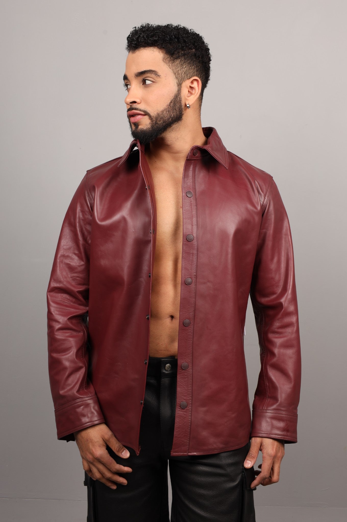 Burgundy Straight Long Sleeve Leather Shirt