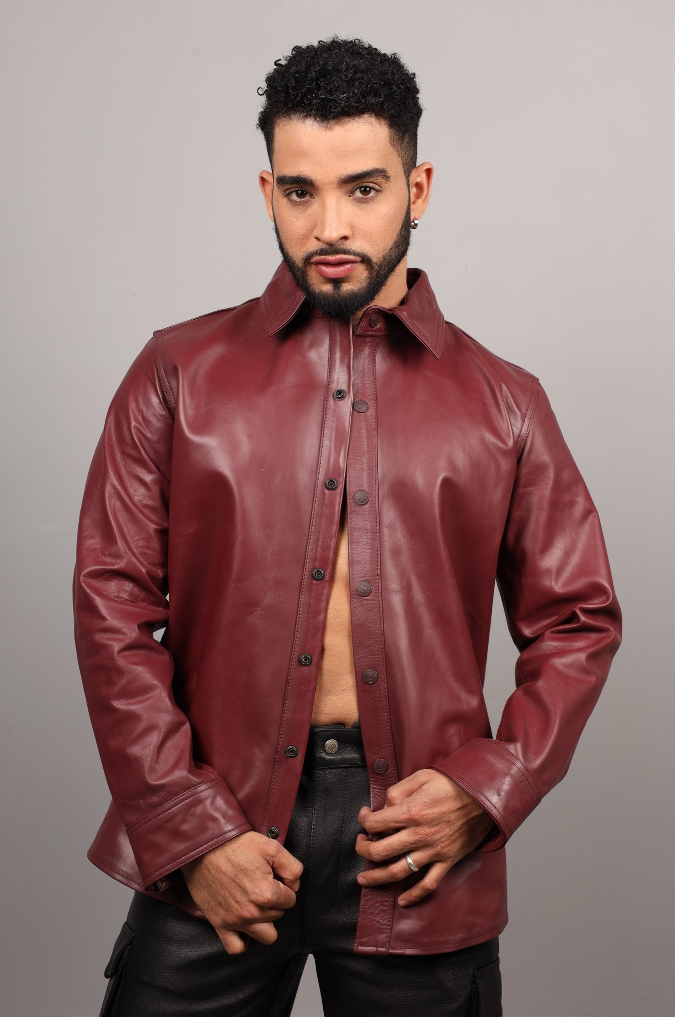 Burgundy Straight Long Sleeve Leather Shirt