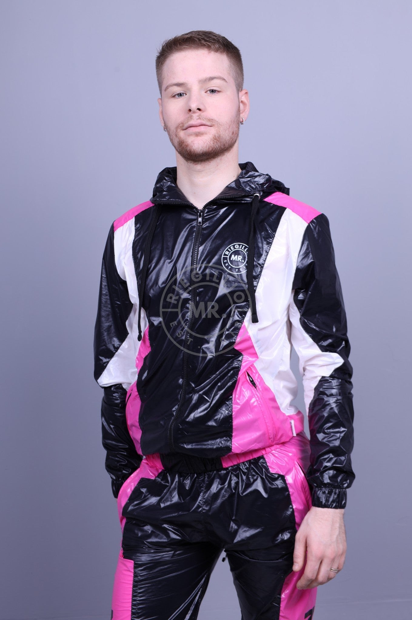 Shiny Nylon Tracksuit Jacket - Pink Panels