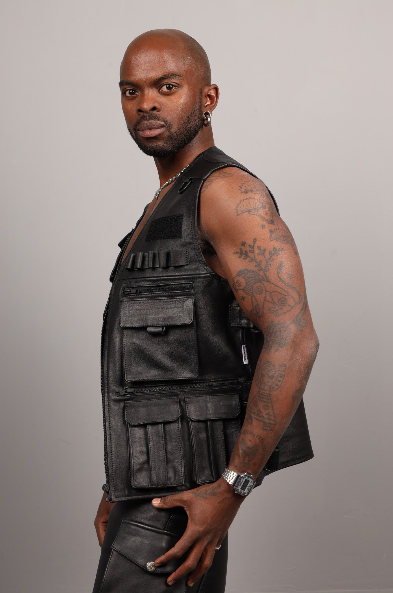 Black Leather Utility Vest by MR. Riegillio