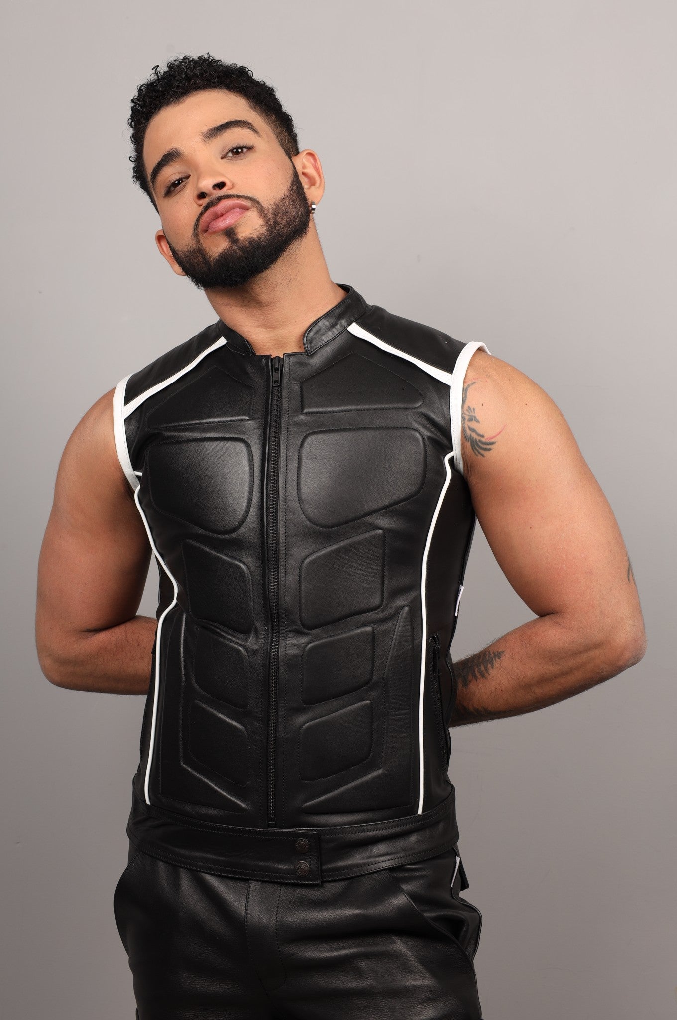 Black Leather Bullet Vest - White Piping