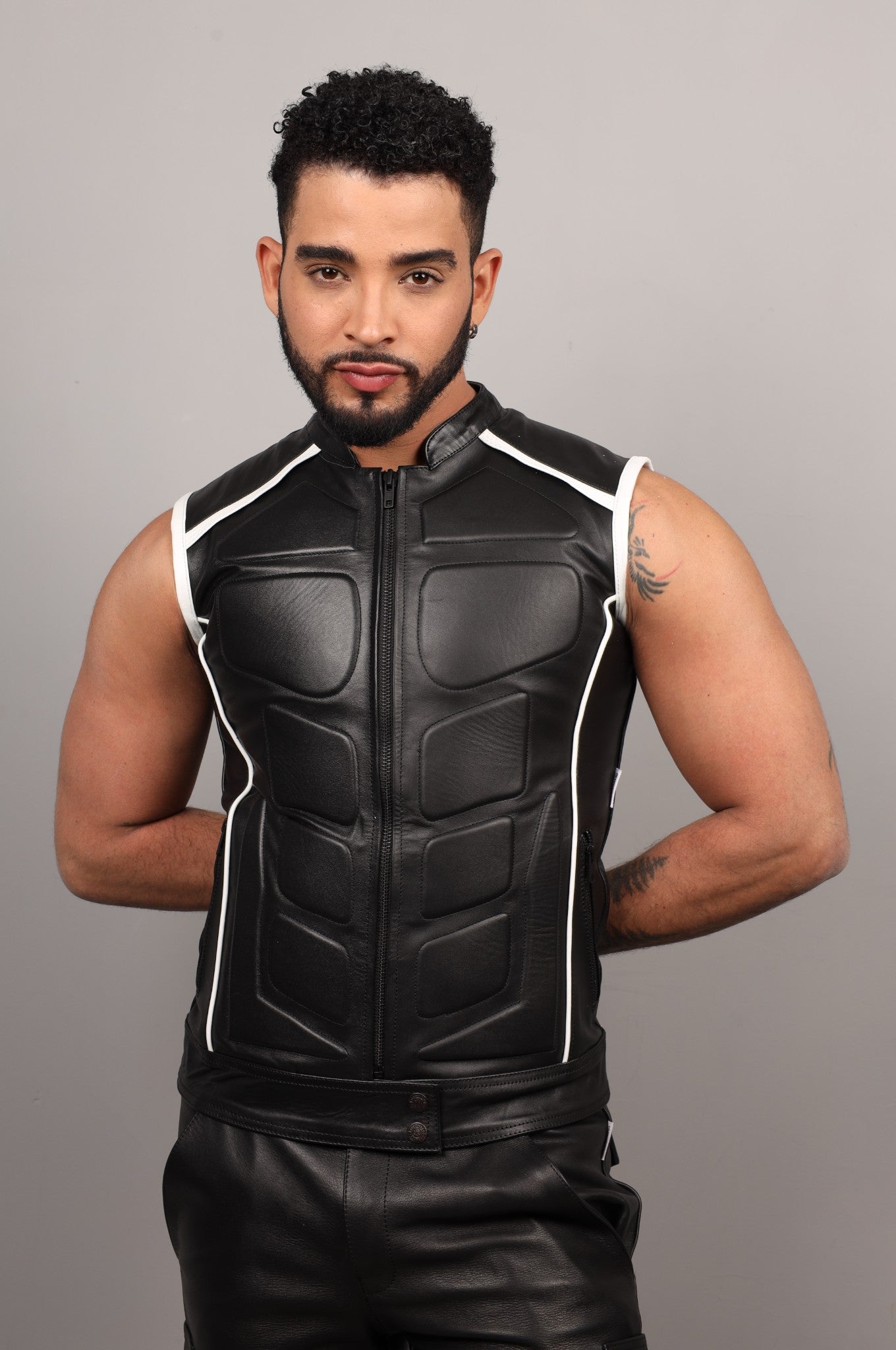 Black Leather Bullet Vest - White Piping