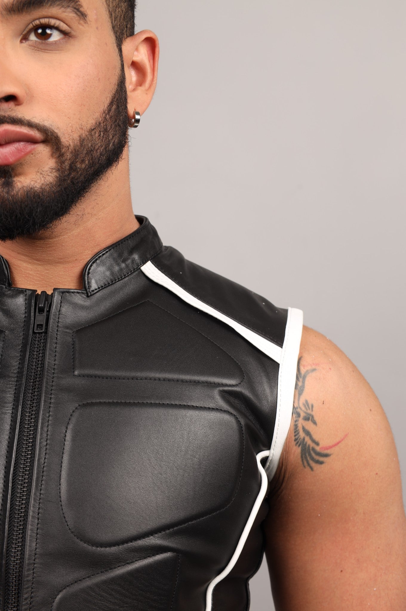 Black Leather Bullet Vest - White Piping
