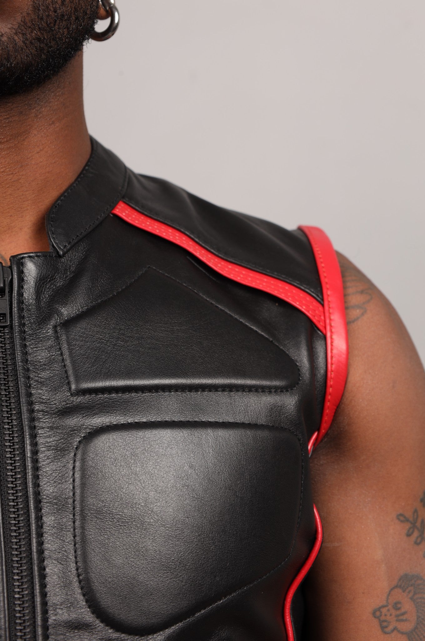 Black Leather Bullet Vest - Red Piping