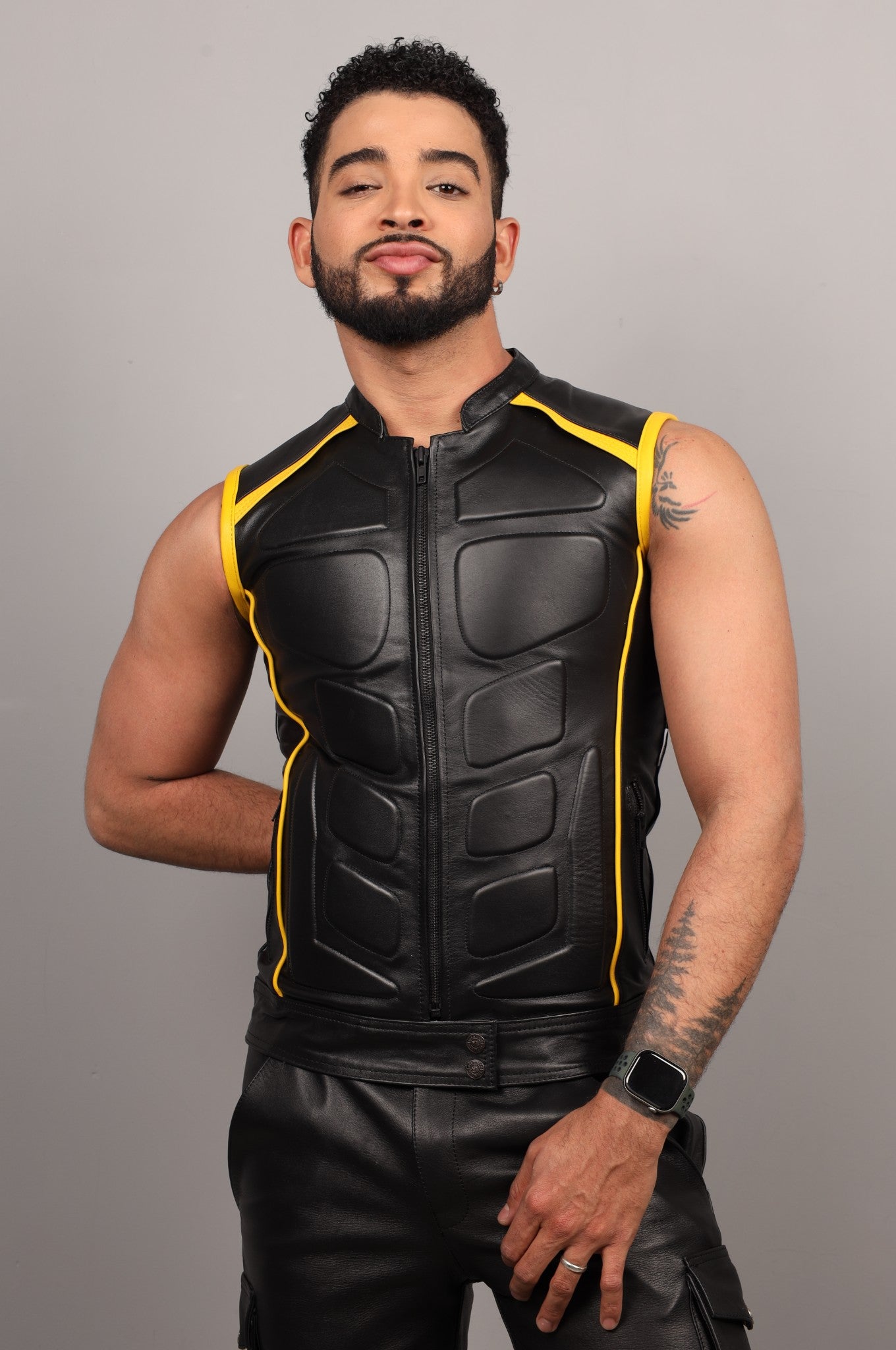 Black Leather Bullet Vest - Yellow Piping