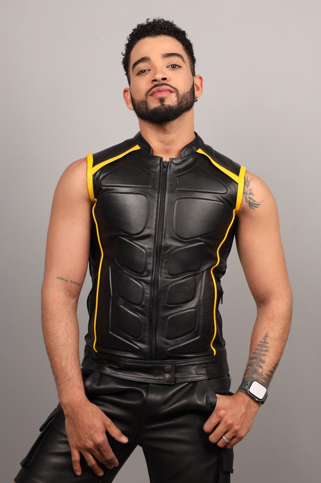 Black Leather Bullet Vest - Yellow Piping