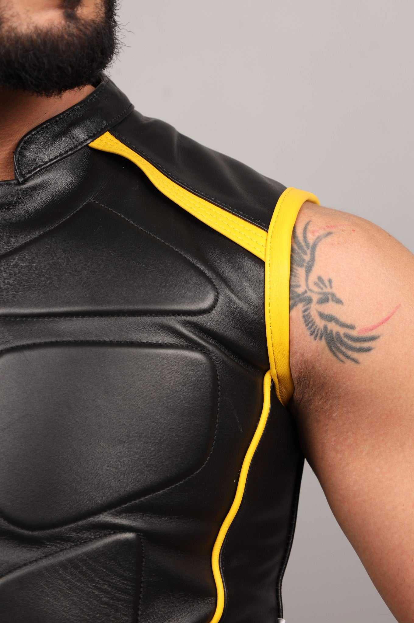 Black Leather Bullet Vest - Yellow Piping