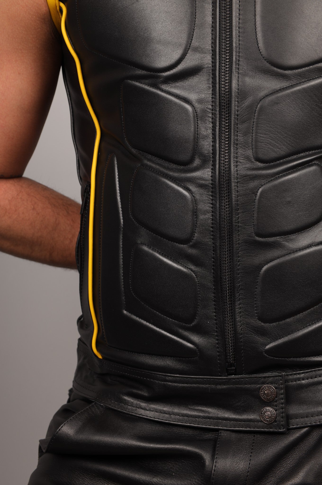 Black Leather Bullet Vest - Yellow Piping