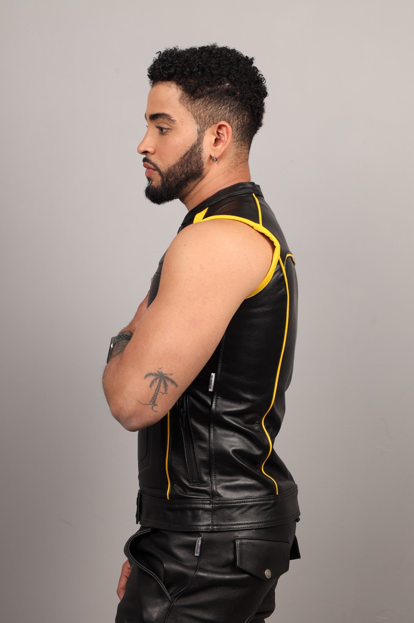 Black Leather Bullet Vest - Yellow Piping