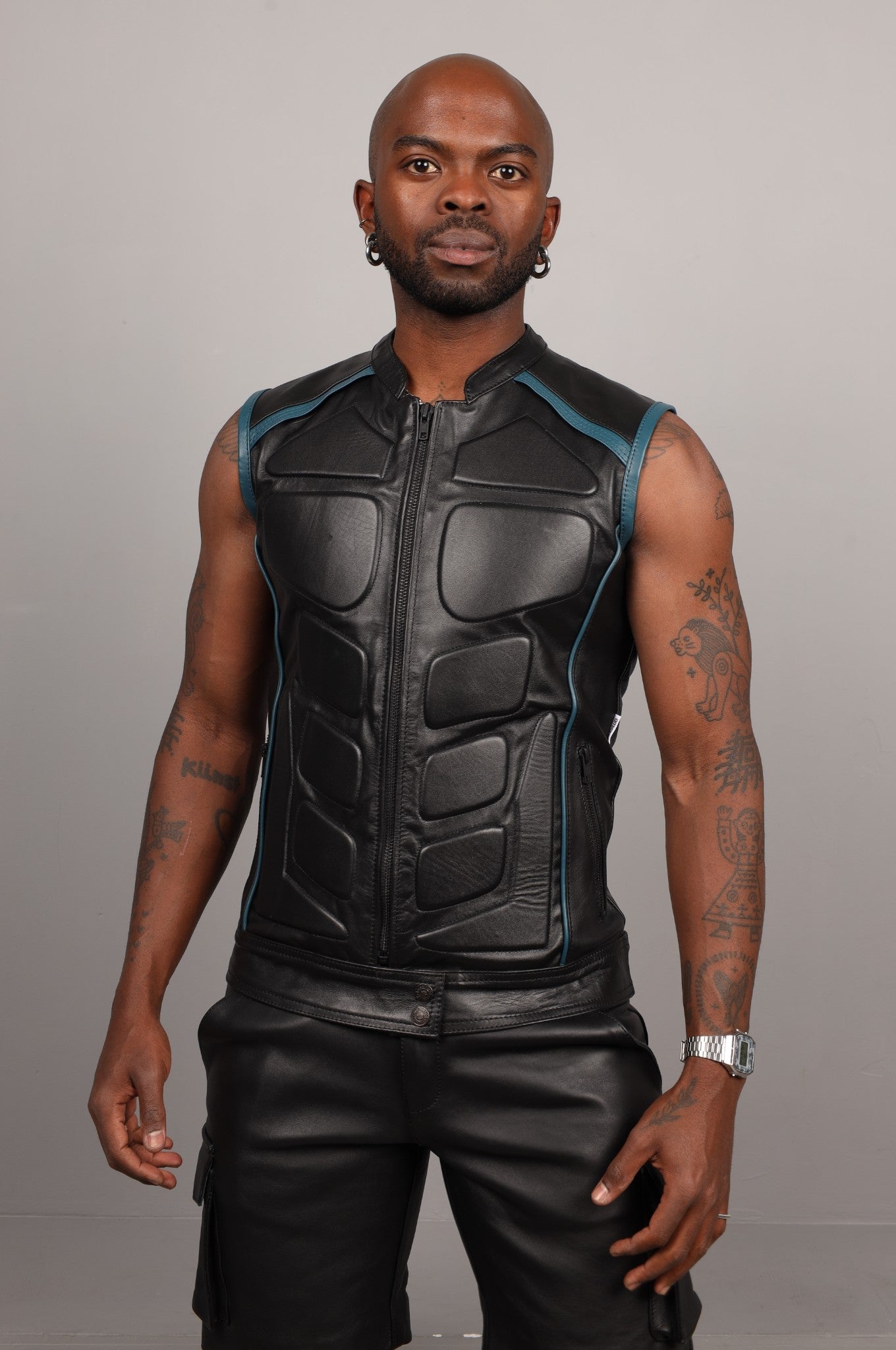 Black Leather Bullet Vest - Jeans Blue Piping