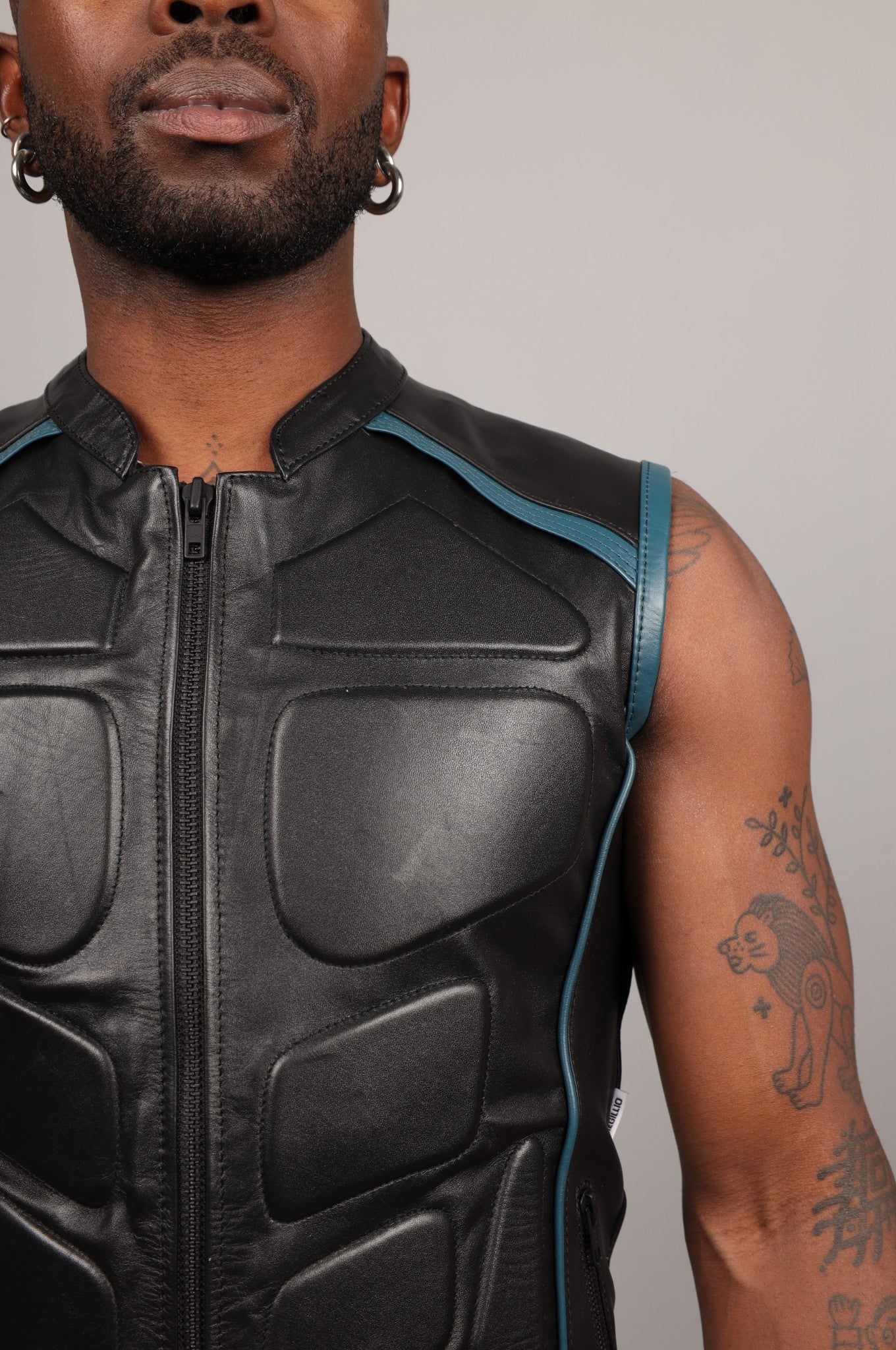 Black Leather Bullet Vest - Jeans Blue Piping