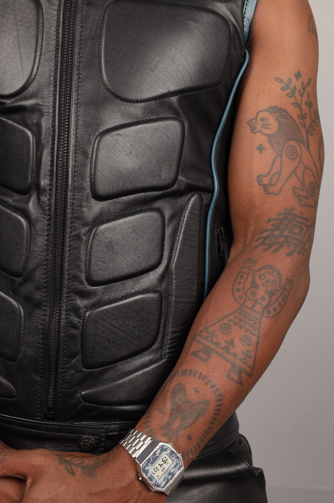 Black Leather Bullet Vest - Jeans Blue Piping
