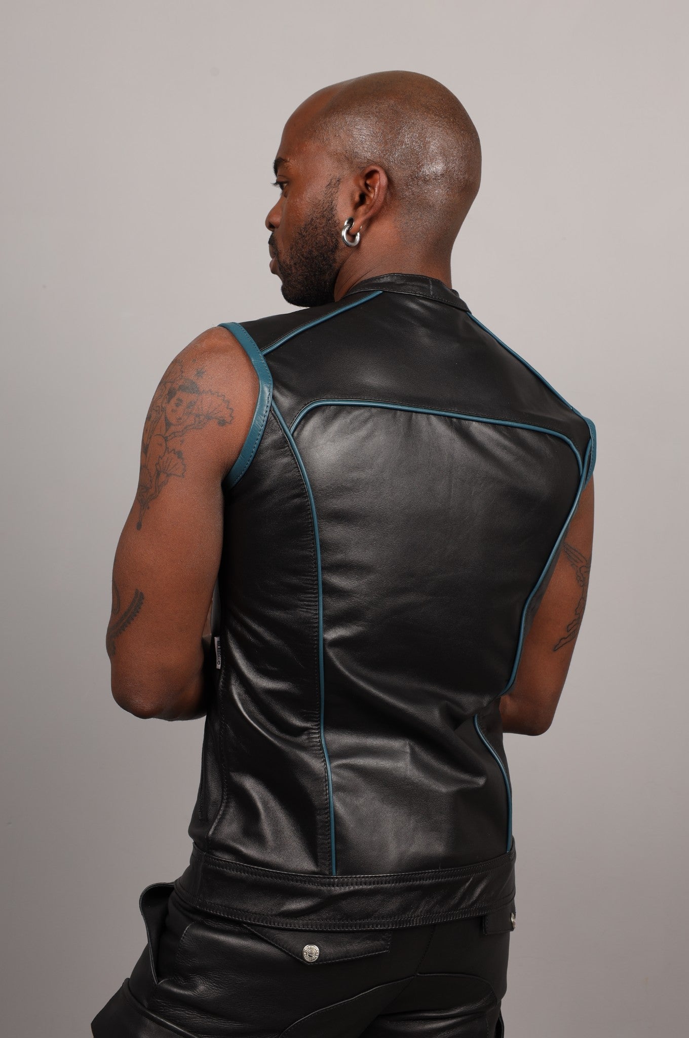Black Leather Bullet Vest - Jeans Blue Piping