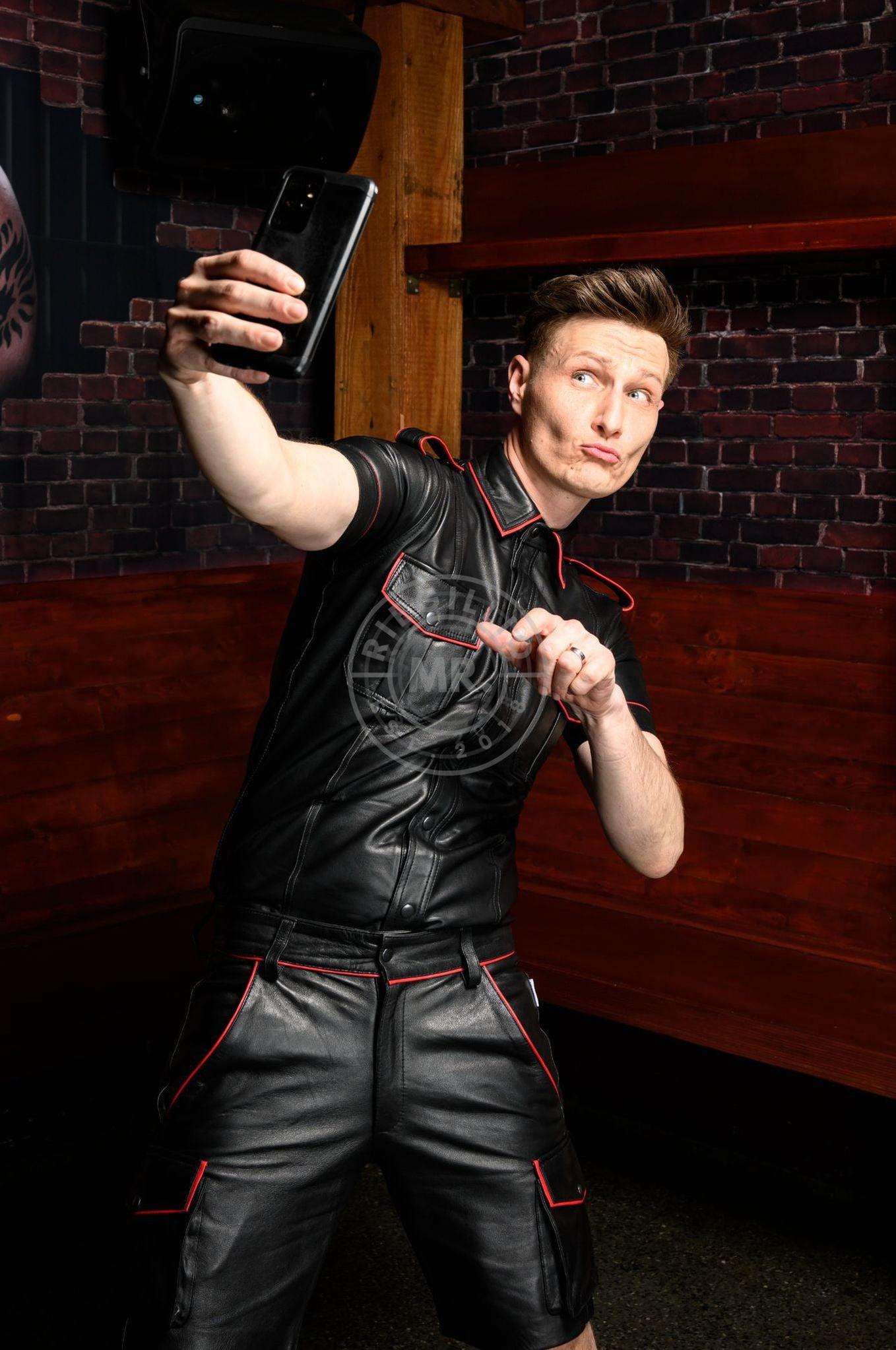 Black Leather Shirt - Red Piping at MR. Riegillio