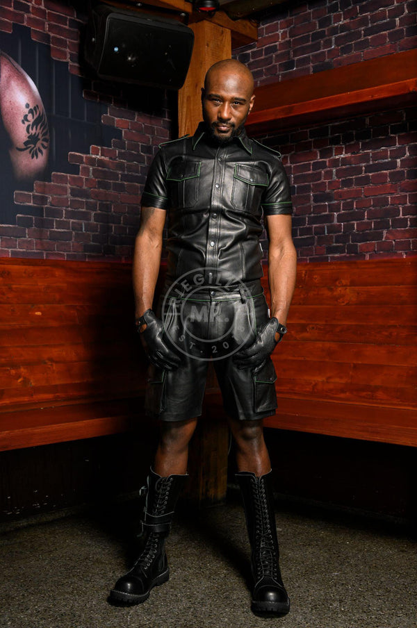 Black Leather Cargo Short - Dark Green Piping at MR. Riegillio