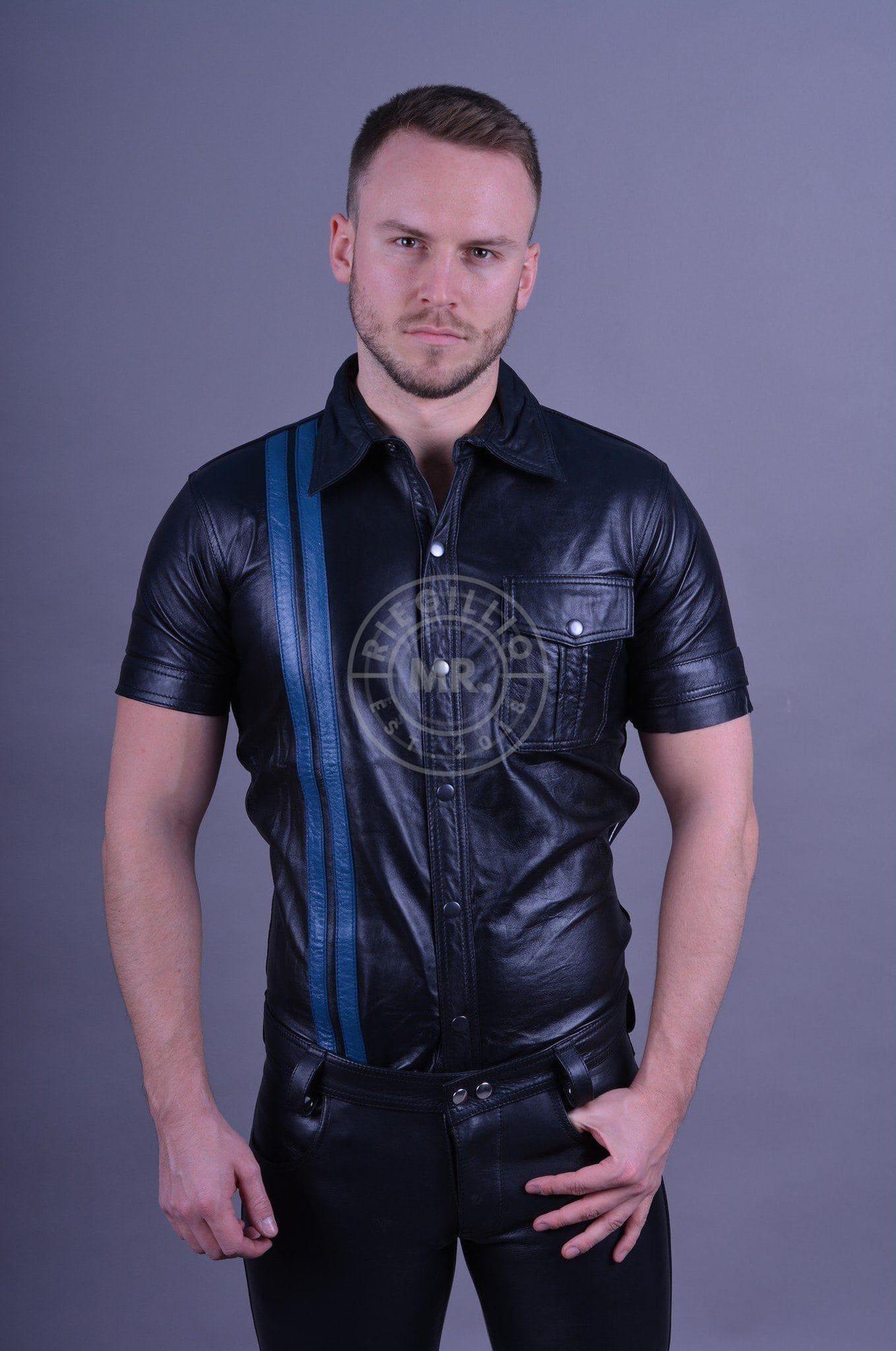 Black Leather Shirt - Blue Stripes at MR. Riegillio