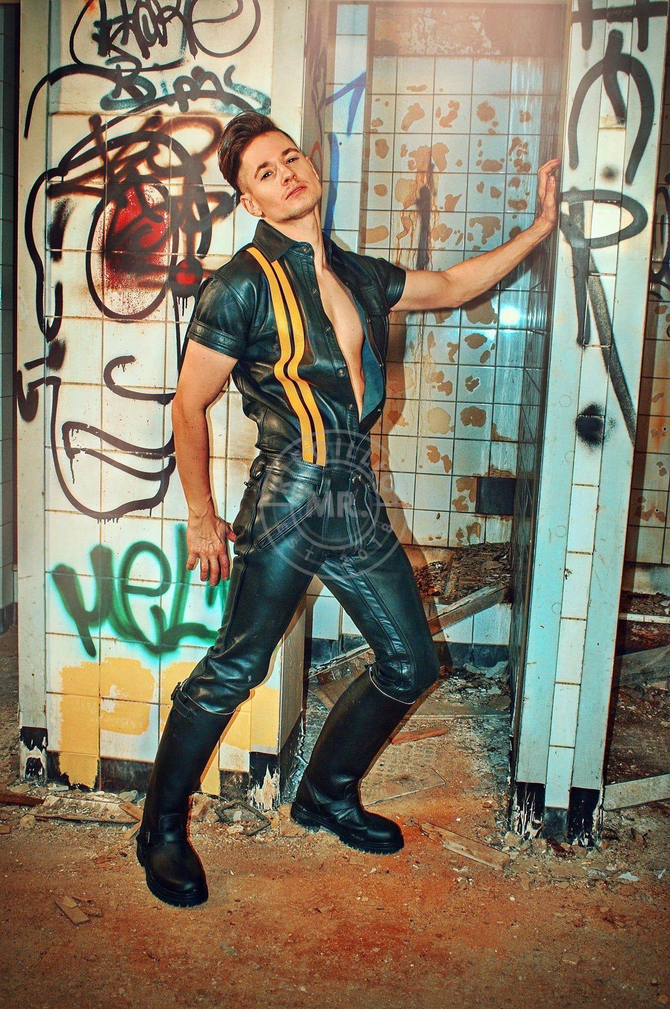 Black Leather Shirt - Yellow Stripes at MR. Riegillio