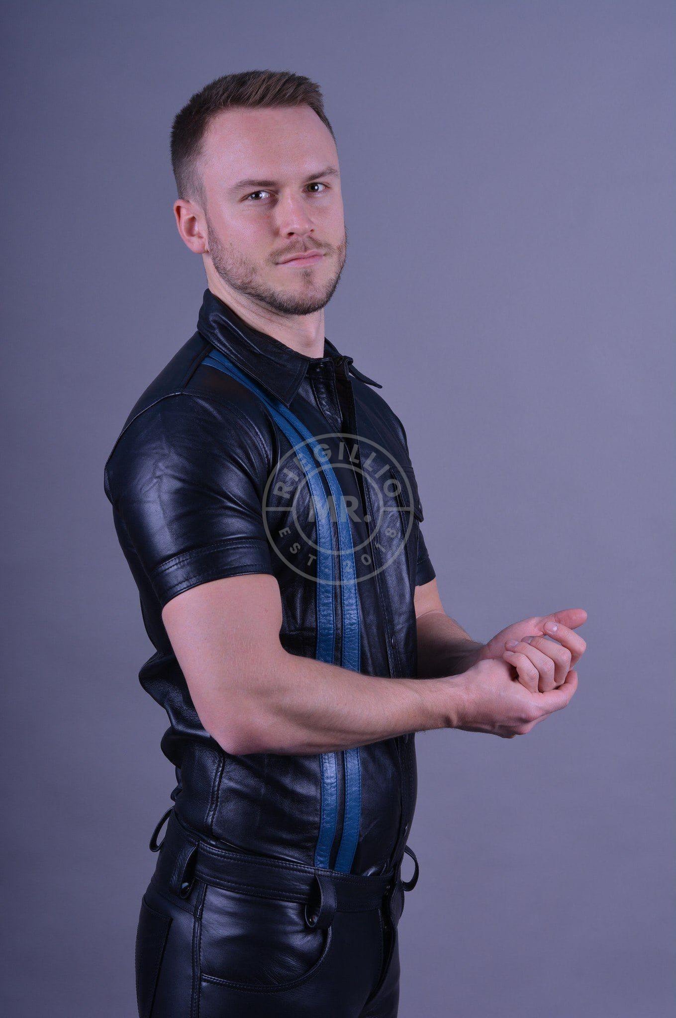 Black Leather Shirt - BLUE STRIPES-at MR. Riegillio