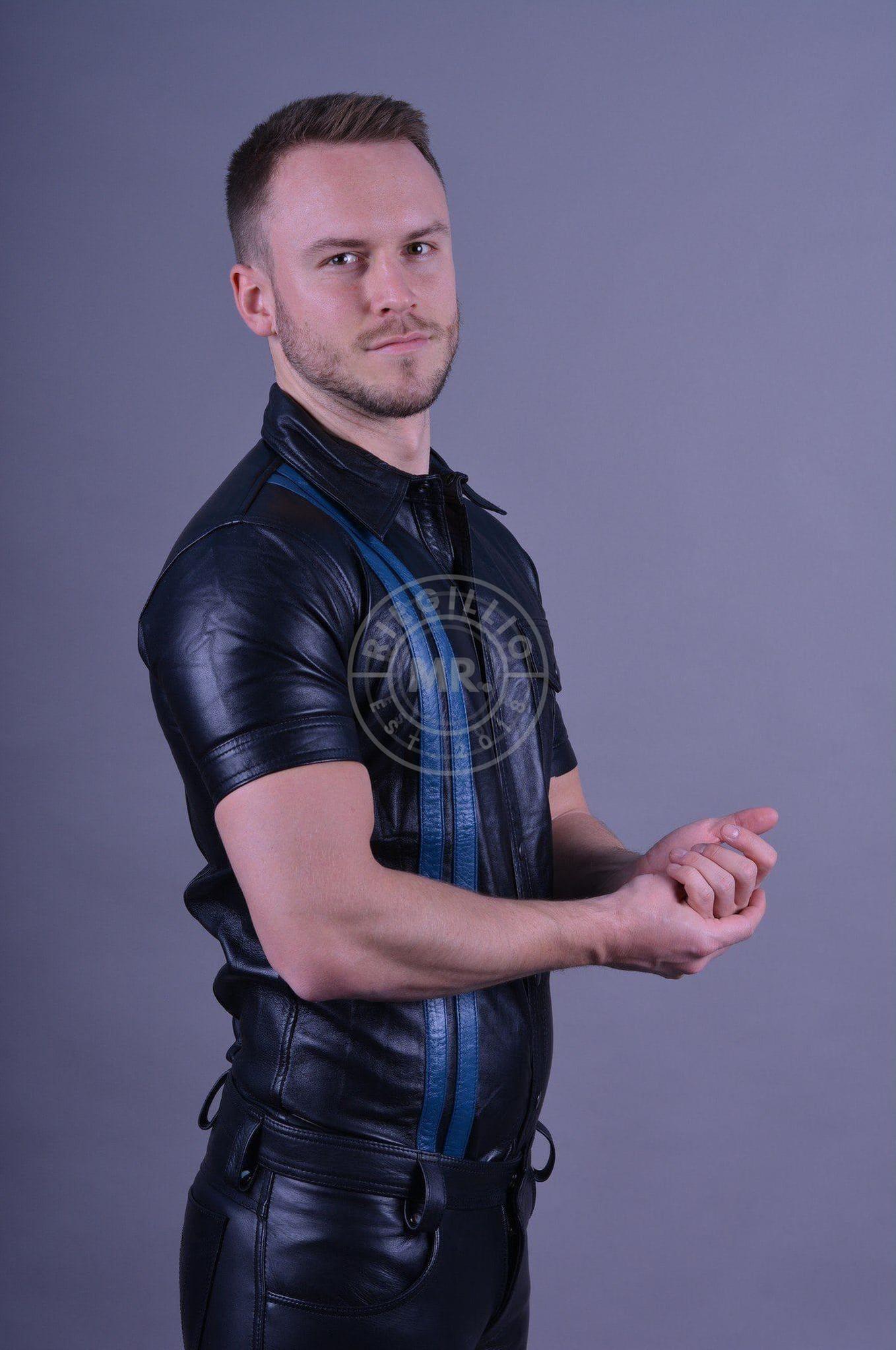 Black Leather Shirt - Blue Stripes at MR. Riegillio