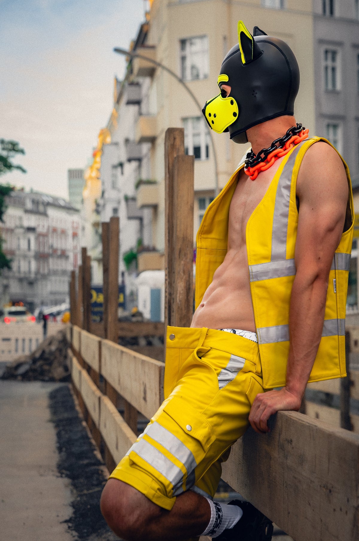 Neon Yellow Leather Workers Cargo Shorts