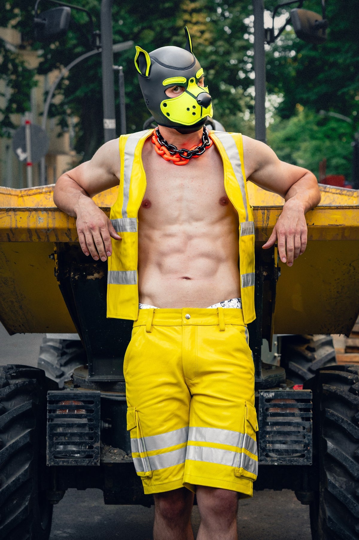 Neon Yellow Leather Workers Cargo Shorts