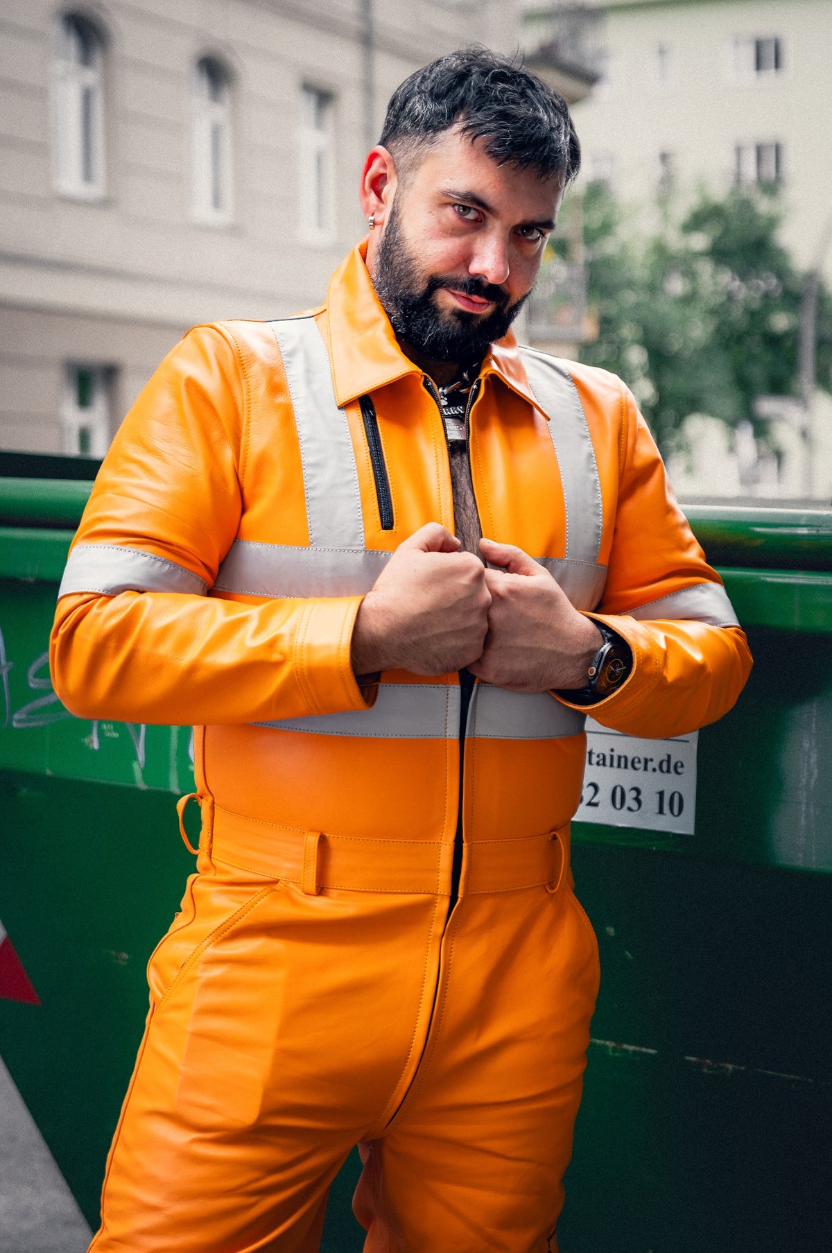 Neon Orange Leather Workers Thru Zip Overall - BARRY