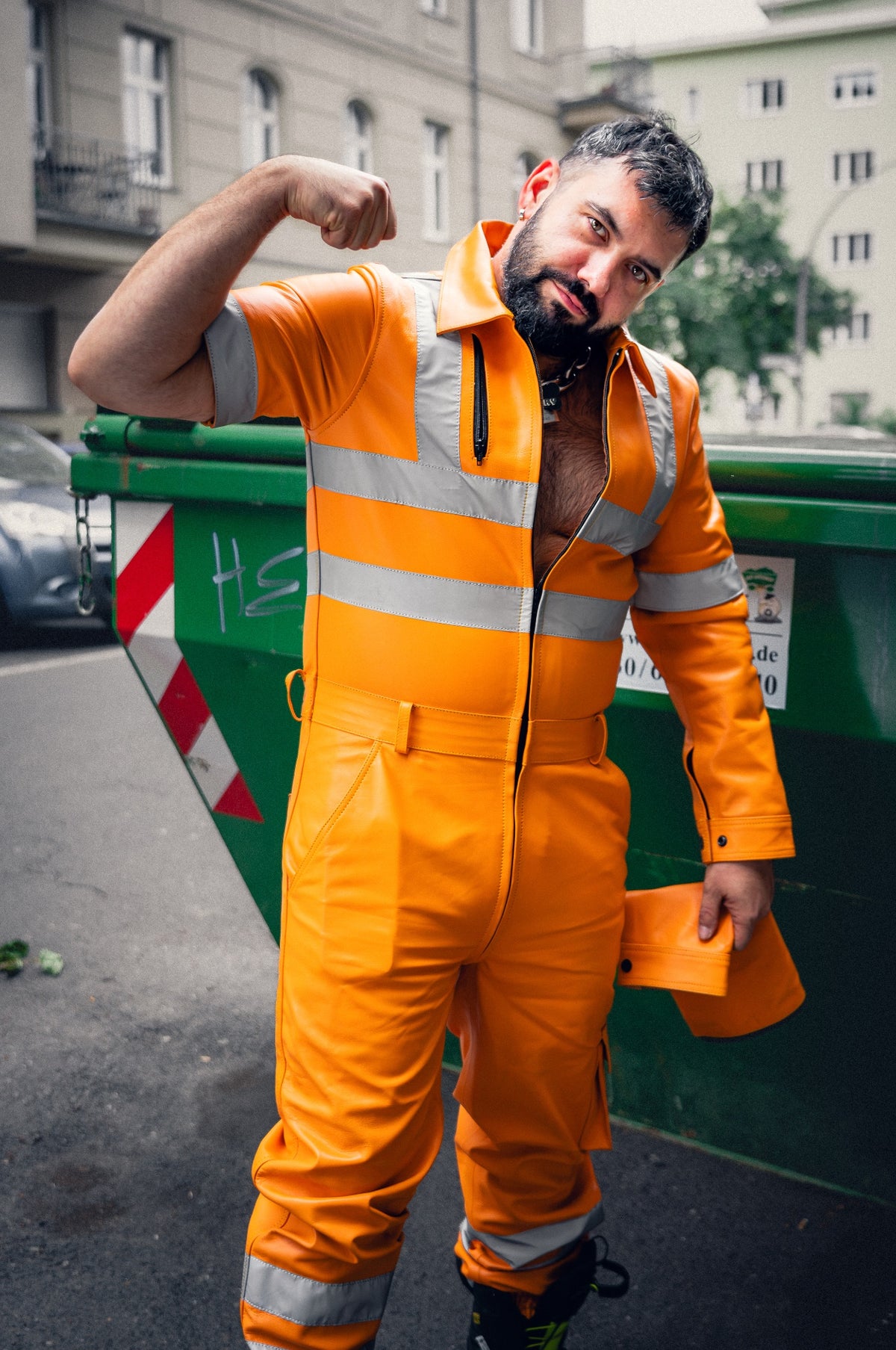 Neon Orange Leather Workers Thru Zip Overall - BARRY