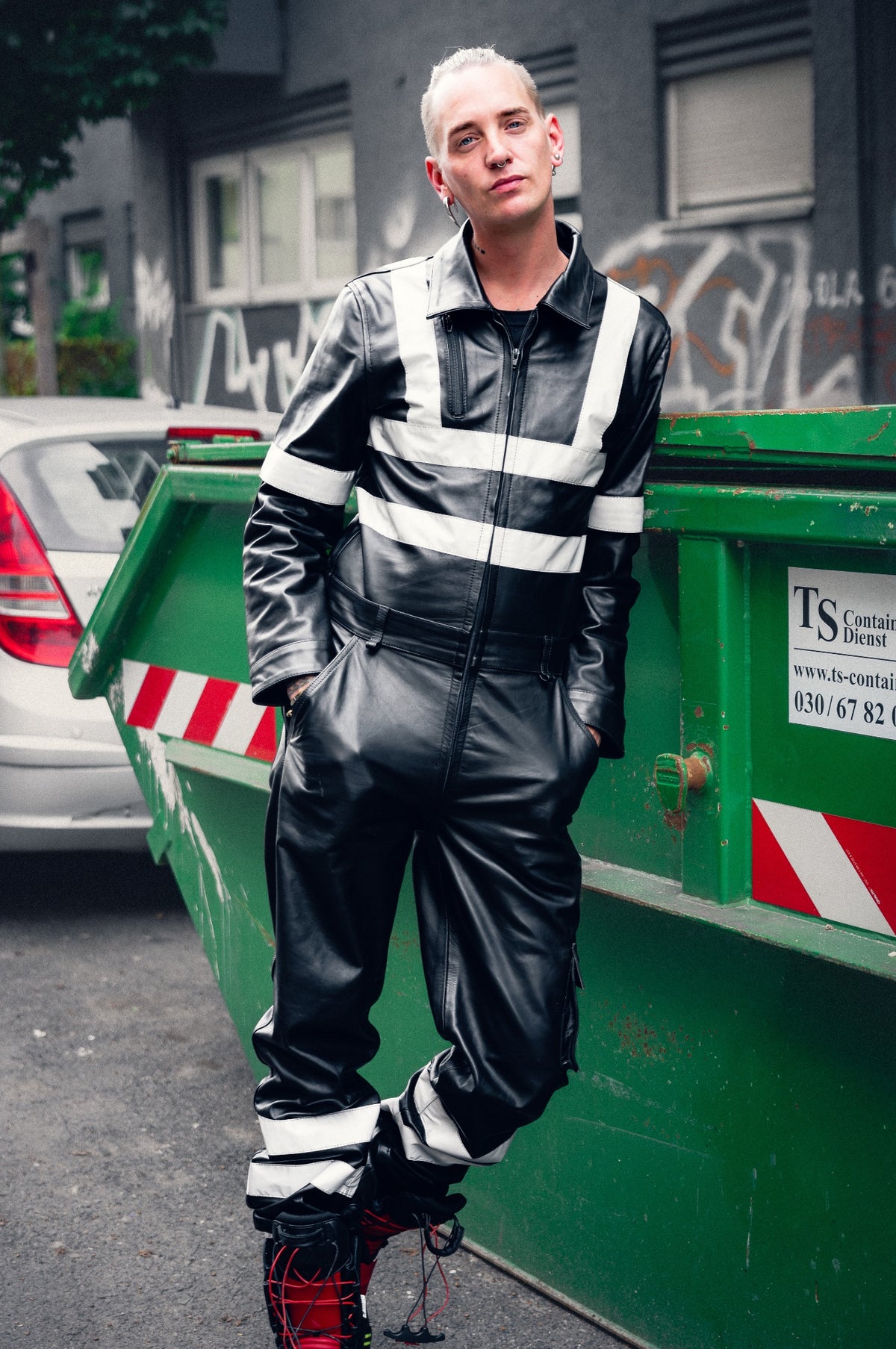 Black Leather Workers Thru Zip Overall - BARRY