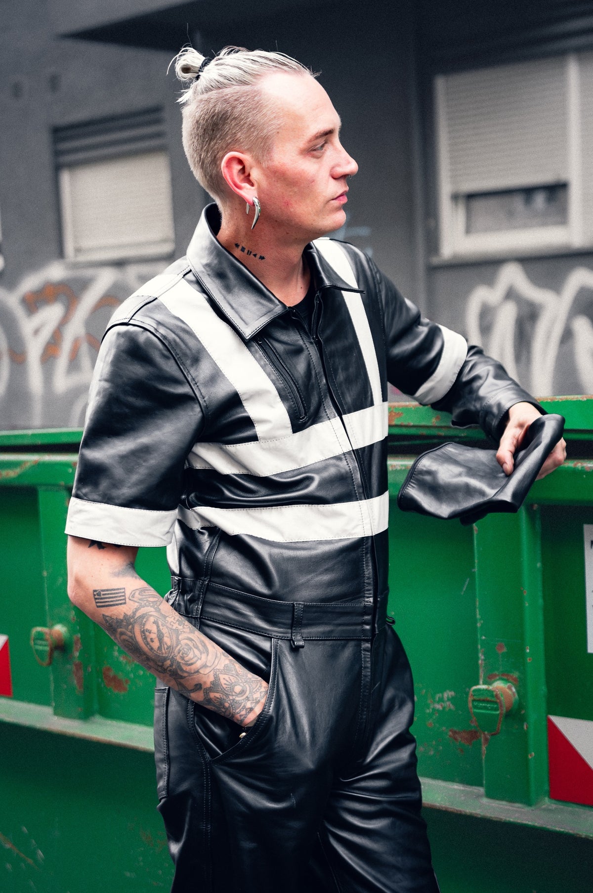 Black Leather Workers Thru Zip Overall - BARRY