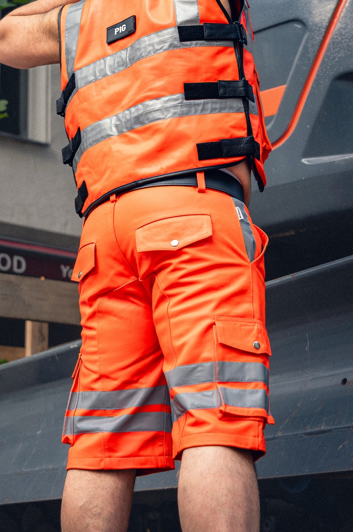 Neon Orange Leather Workers Cargo Shorts