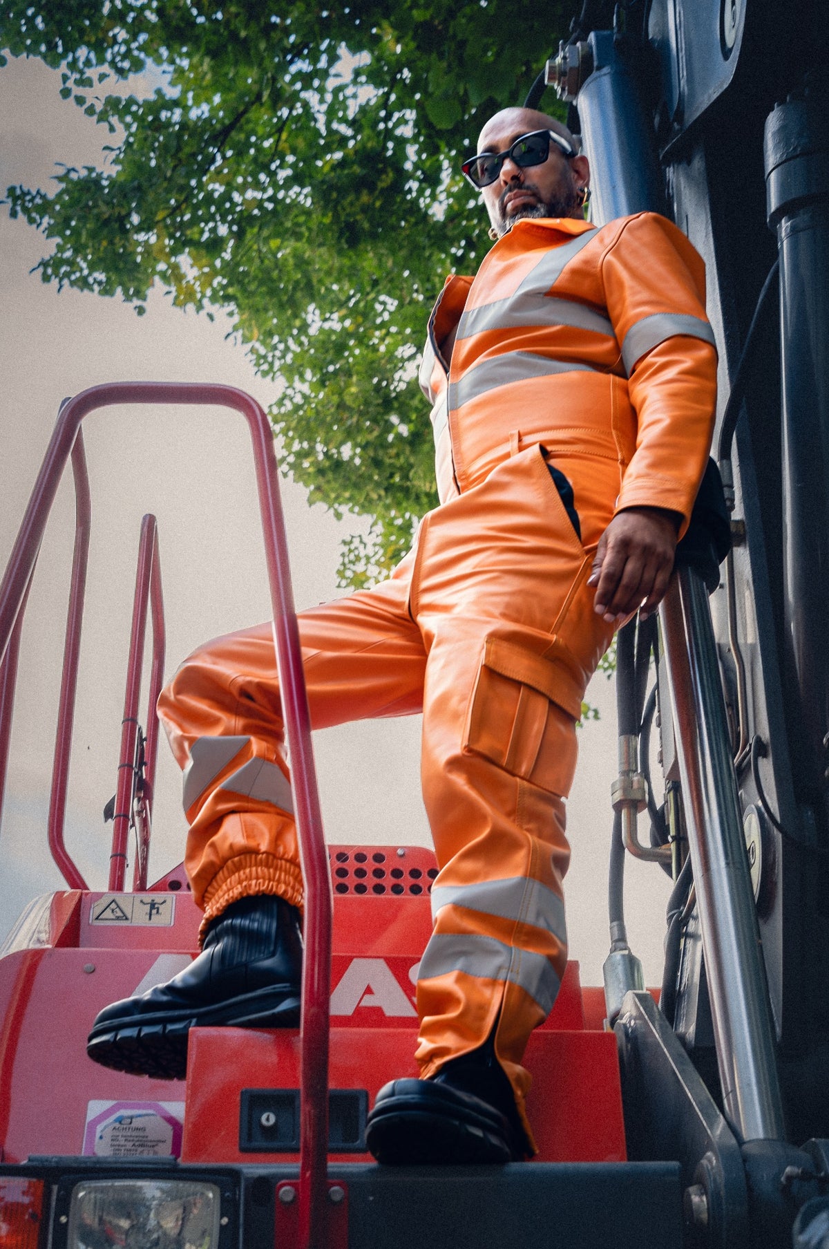 Neon Orange Leather Workers Thru Zip Overall - BARRY