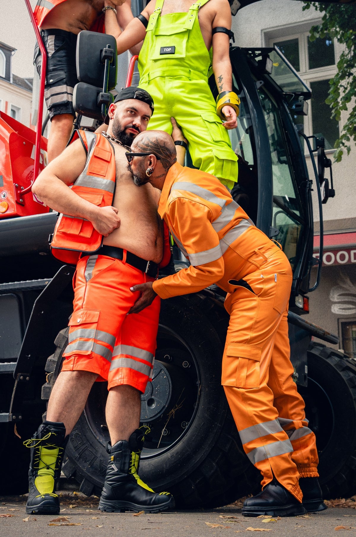 Neon Orange Leather Workers Thru Zip Overall - BARRY