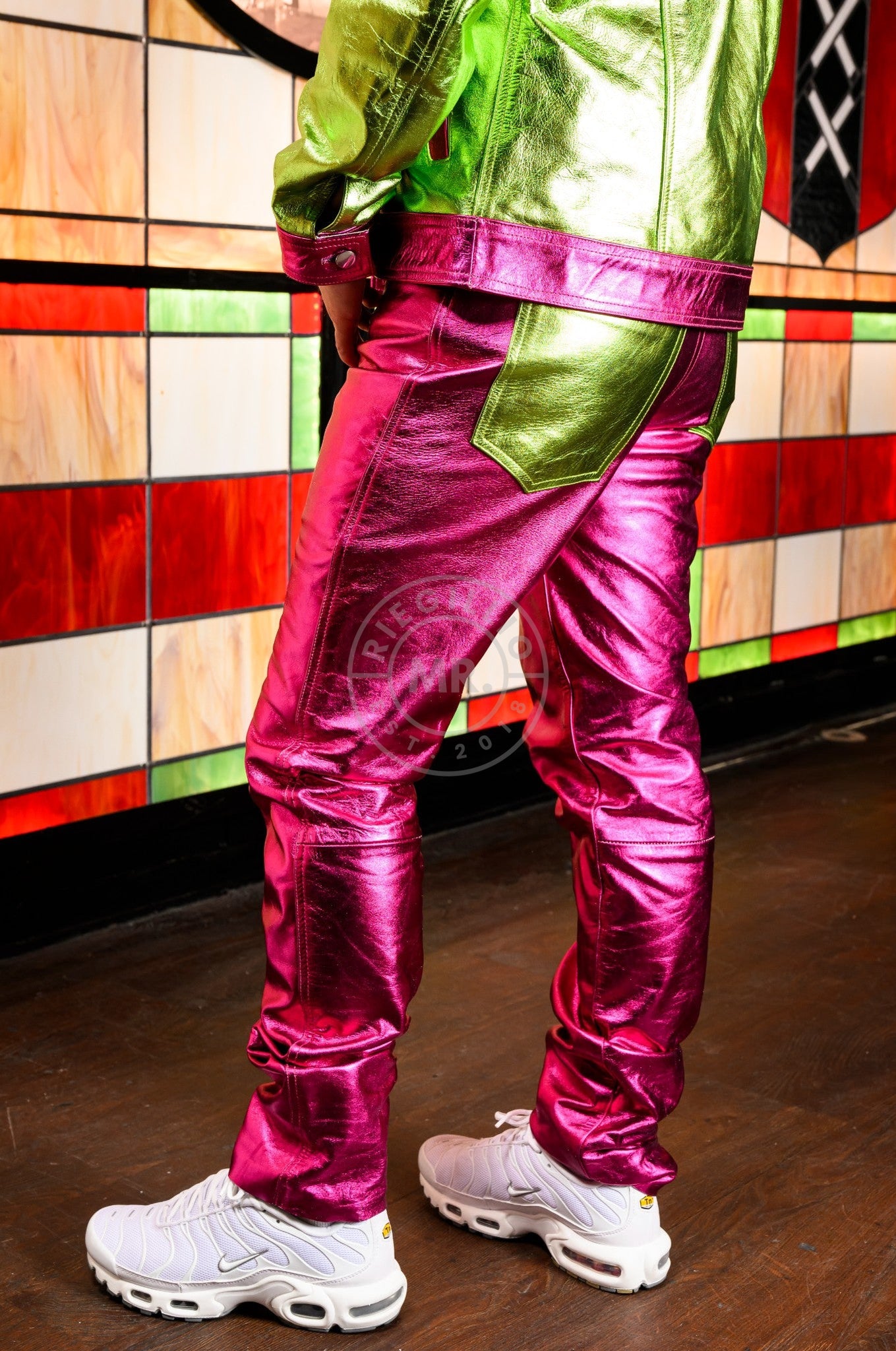 Pink Metallic Leather Pants at MR. Riegillio