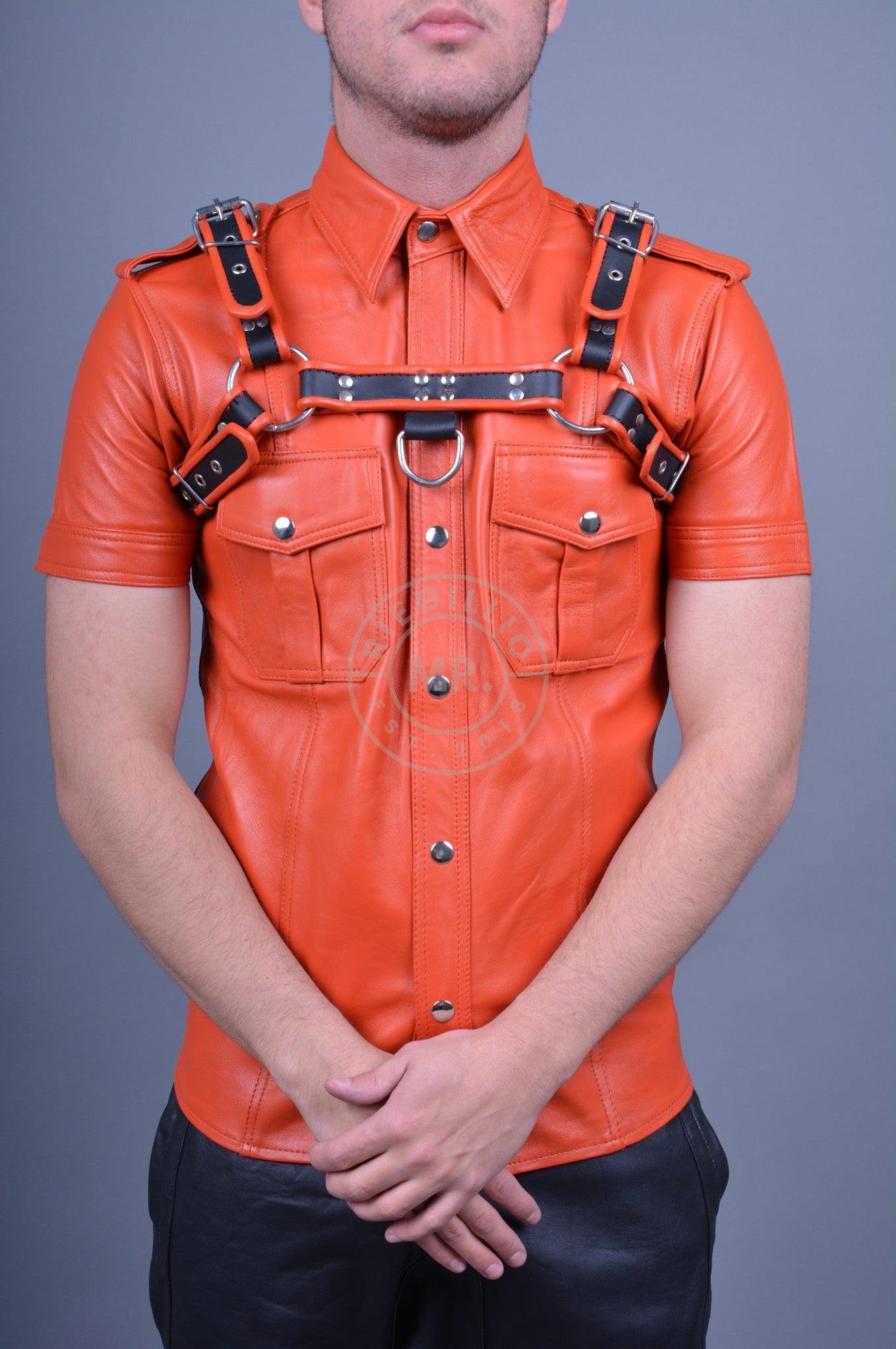 Orange Leather Harness at MR. Riegillio