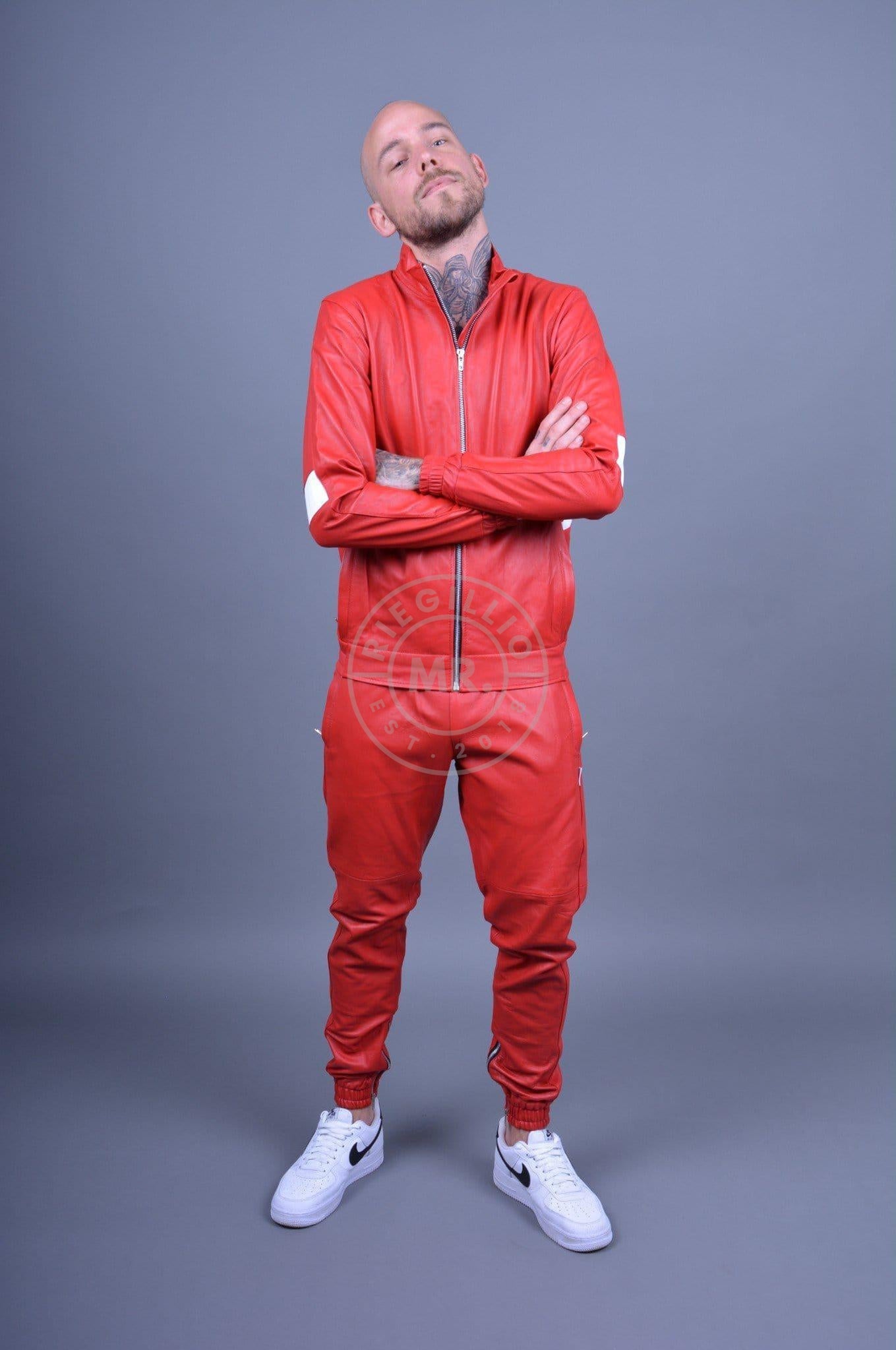 Red Leather Tracksuit Pants at MR. Riegillio