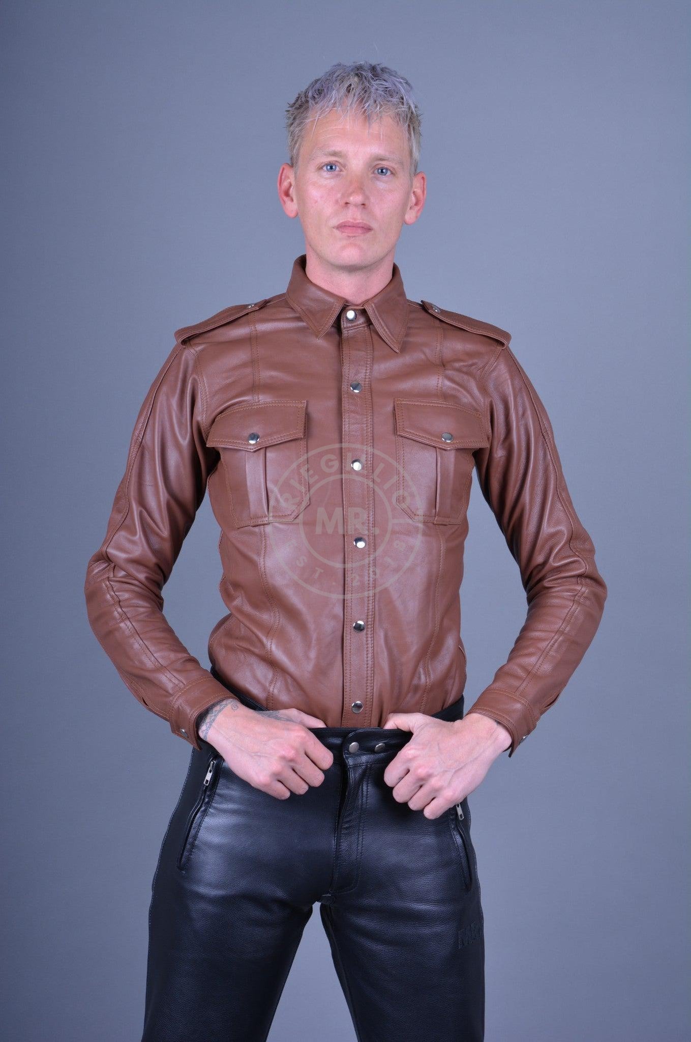 Cinnamon Brown Leather Shirt Long Sleeves at MR. Riegillio